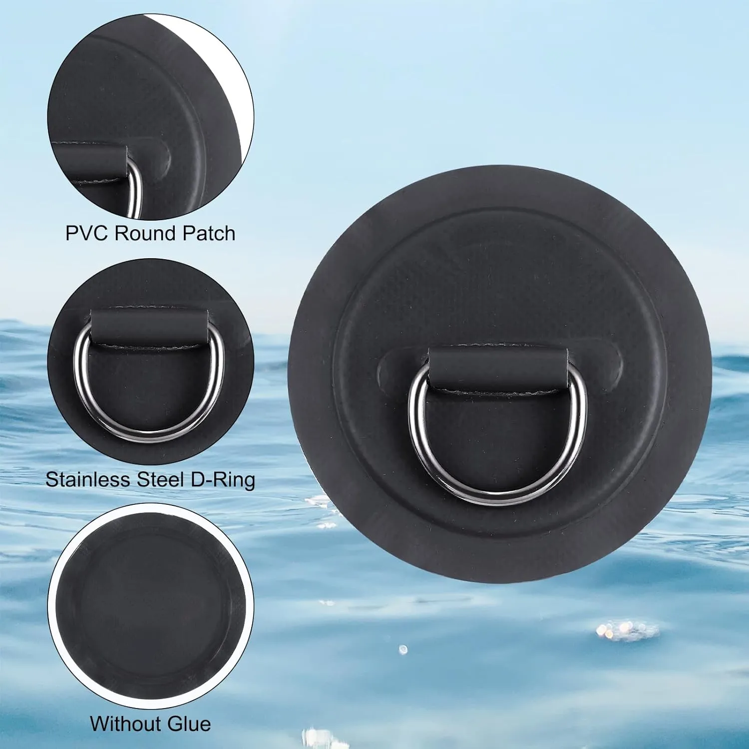PATIKIL D-Ring Patch Stainless Steel D-Ring PVC Patch Pad No Glue Include with Elastic Cords and Hooks for Inflatable Boat Paddle Board Canoe Surfboard