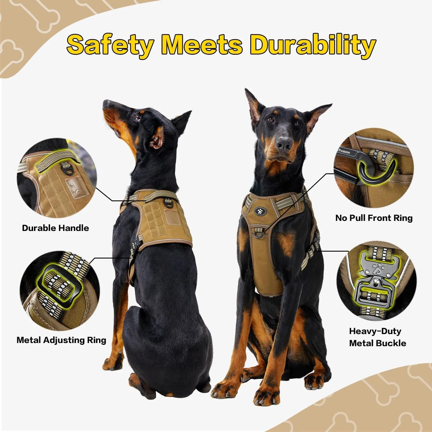 PawsPassion Tactical Dog Harness for Medium Dogs, Chew-Proof Metal Hardware, Heavy Duty No Pull Dog Harness, Reflective Strips, Adjusting Ring, MOLLE System, Hook and Loop Panel (Sandstone, M)