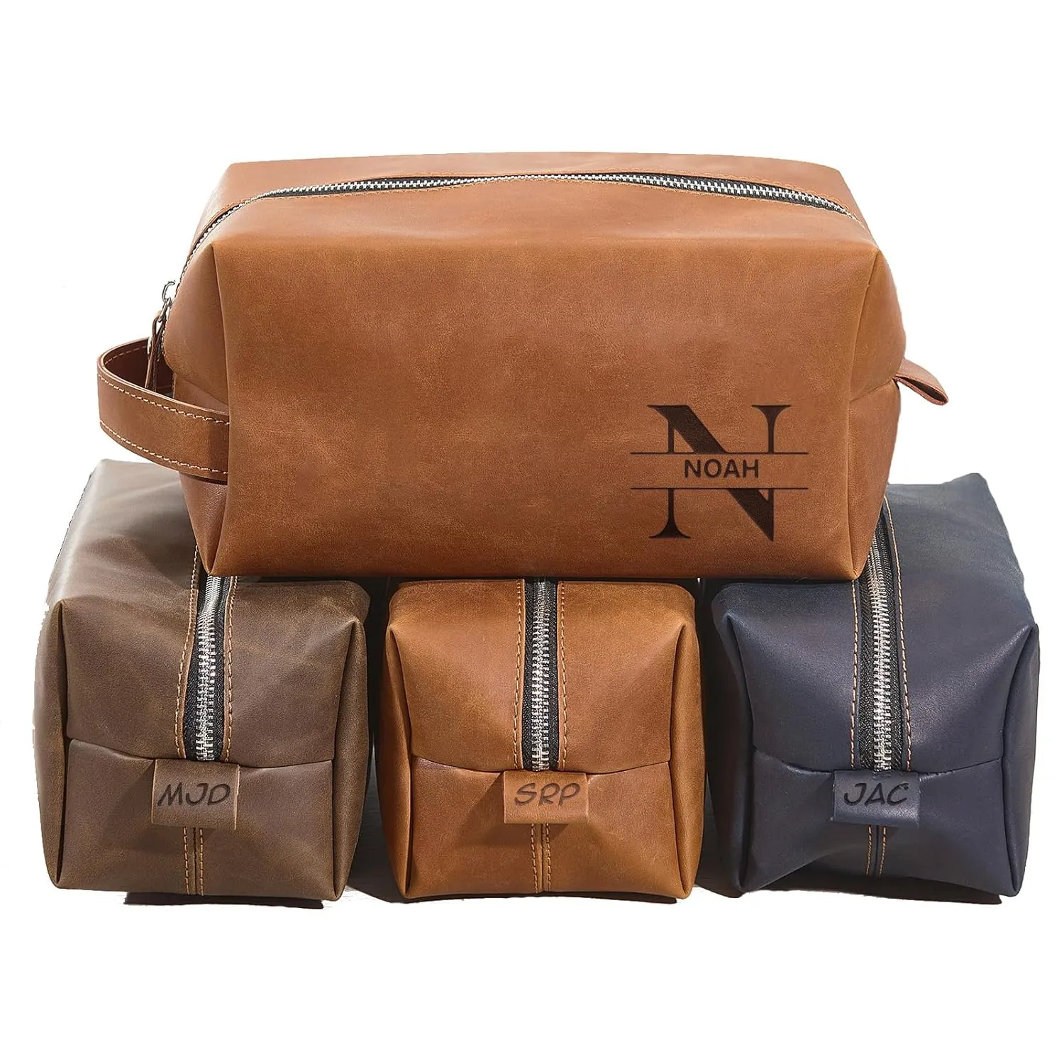 Personalized Leather Toiletry Bag For Men with Hook, Groomsmen Gifts Travel Bag Laser Engraved Name Monogram Leather Gift Anniversary Gift For Him Husband Father Leather Dopp Kit (Style 3)