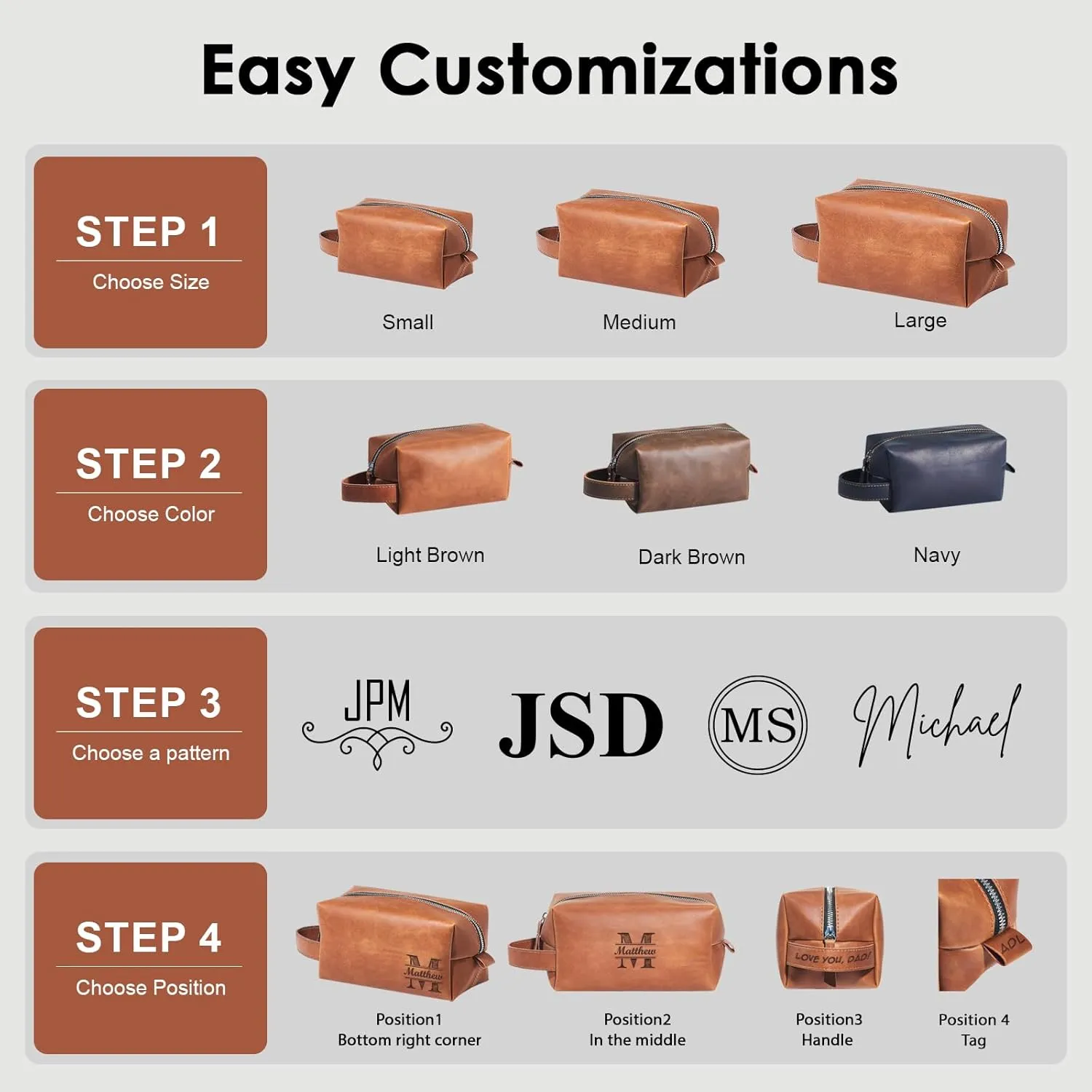 Personalized Leather Toiletry Bag For Men with Hook, Groomsmen Gifts Travel Bag Laser Engraved Name Monogram Leather Gift Anniversary Gift For Him Husband Father Leather Dopp Kit (Style 3)
