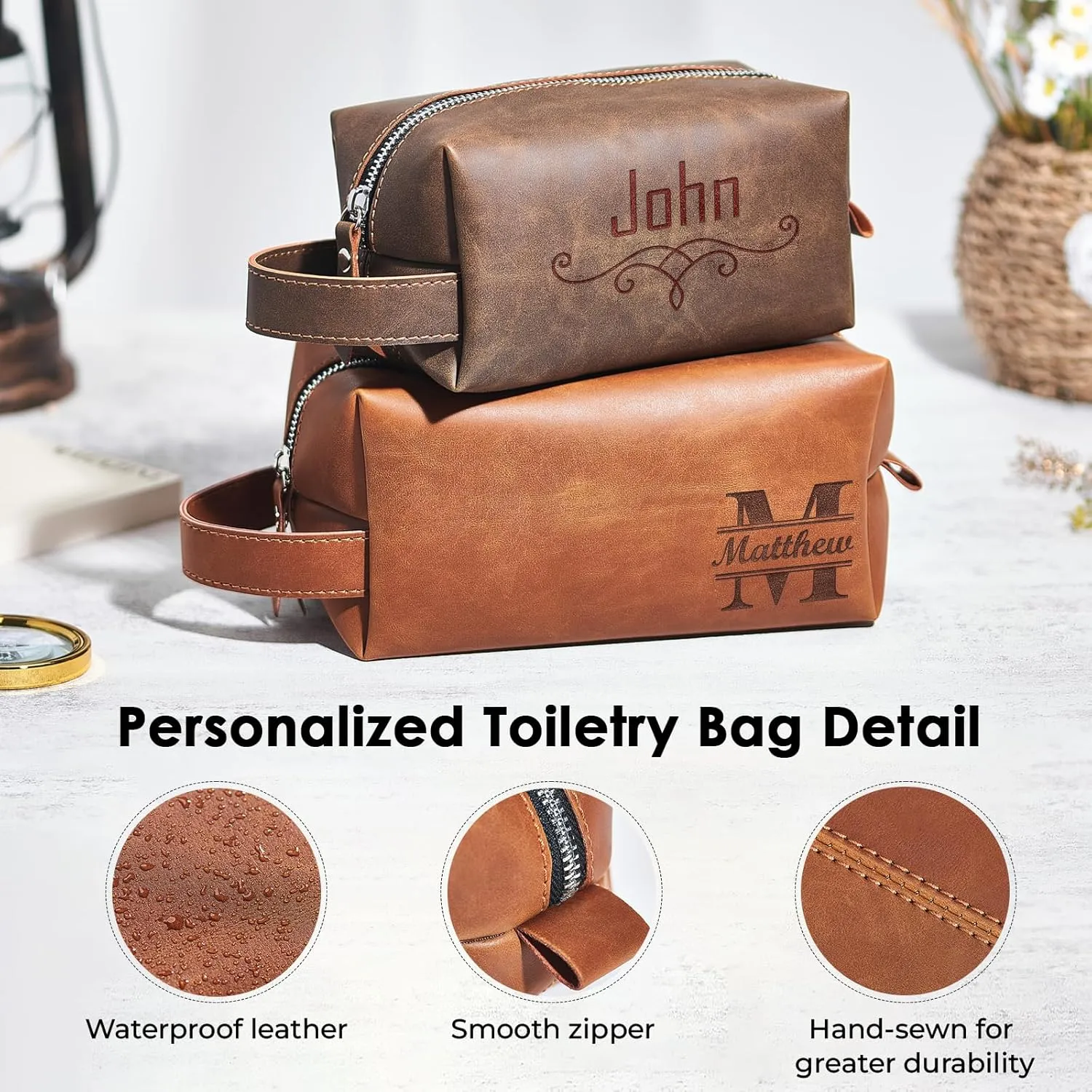 Personalized Leather Toiletry Bag For Men with Hook, Groomsmen Gifts Travel Bag Laser Engraved Name Monogram Leather Gift Anniversary Gift For Him Husband Father Leather Dopp Kit (Style 3)