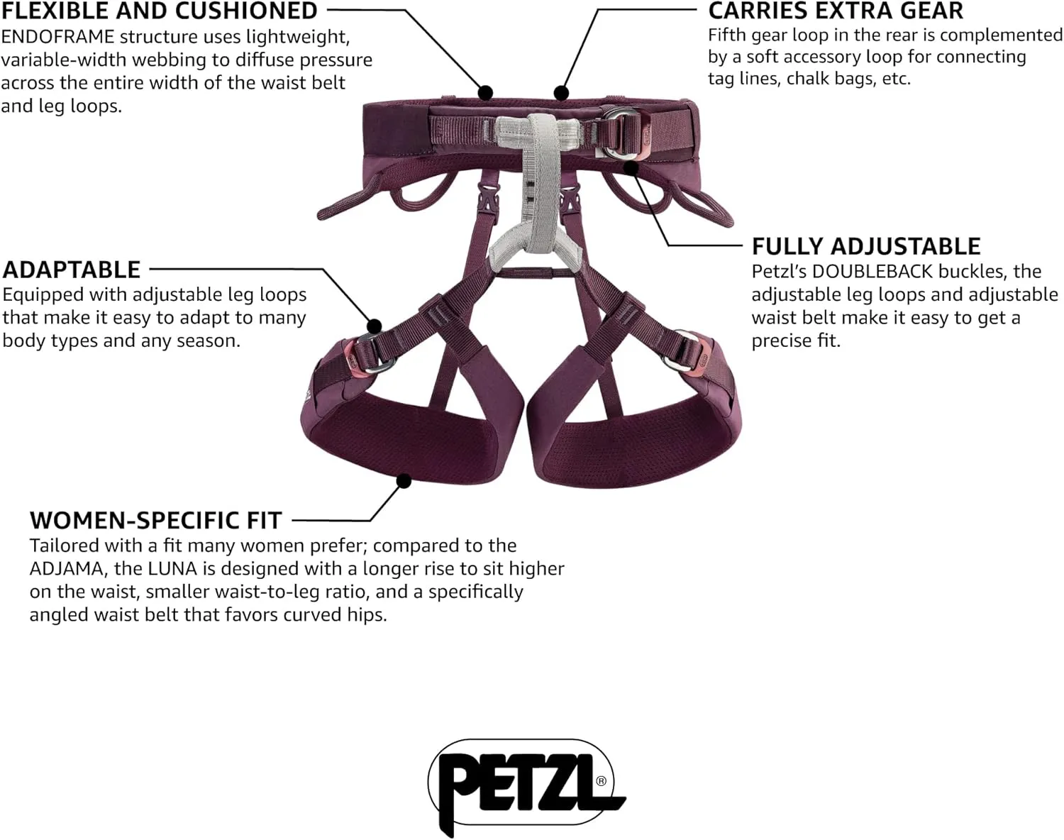 PETZL Luna Women's Harness - Adjustable Rock and Ice Climbing Harness for Single and Multi-Pitch Climbs - Violet