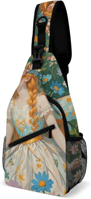 Pfhorn Flower Fairy Sling Bag with Rfid Blocking Causal Mens Crossbody Bag Lightweight Chest Pack Large Man Purse Travel Crossbody Backpack Shoulder Sling Backpack for Hiking Running Cycling