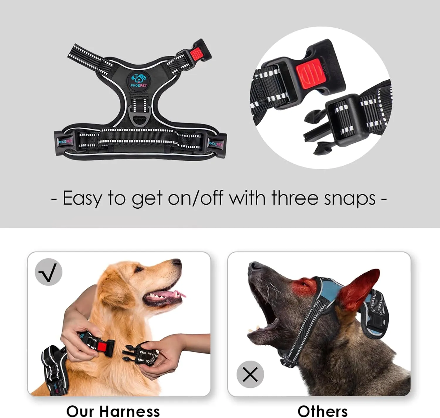 PHOEPET No Pull Dog Harnesses for Small Dogs Reflective Adjustable Front Clip Vest with Handle 2 Metal Rings 3 Buckles [Easy to Put on & Take Off] (S, Black)