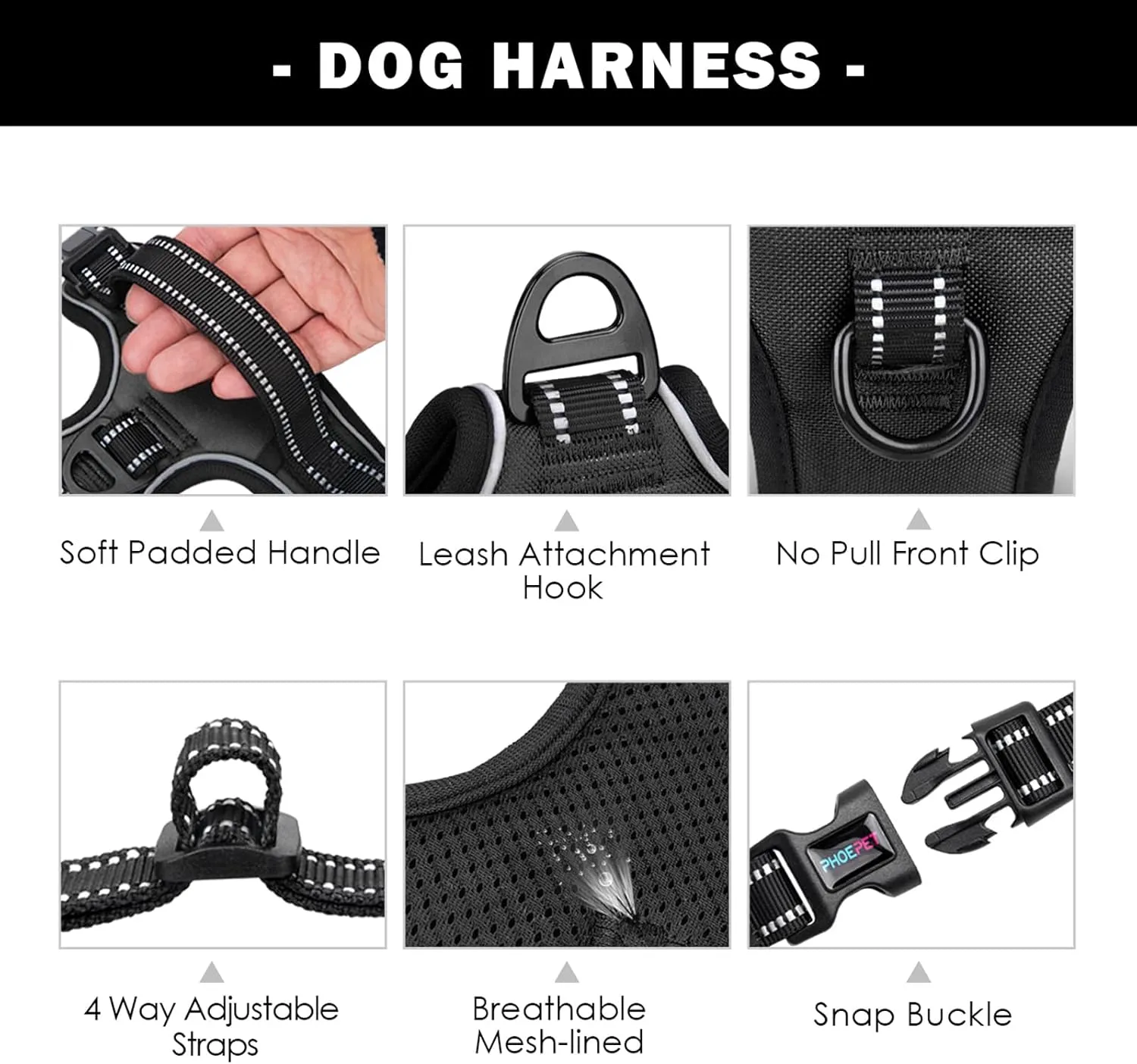 PHOEPET No Pull Dog Harnesses for Small Dogs Reflective Adjustable Front Clip Vest with Handle 2 Metal Rings 3 Buckles [Easy to Put on & Take Off] (S, Black)