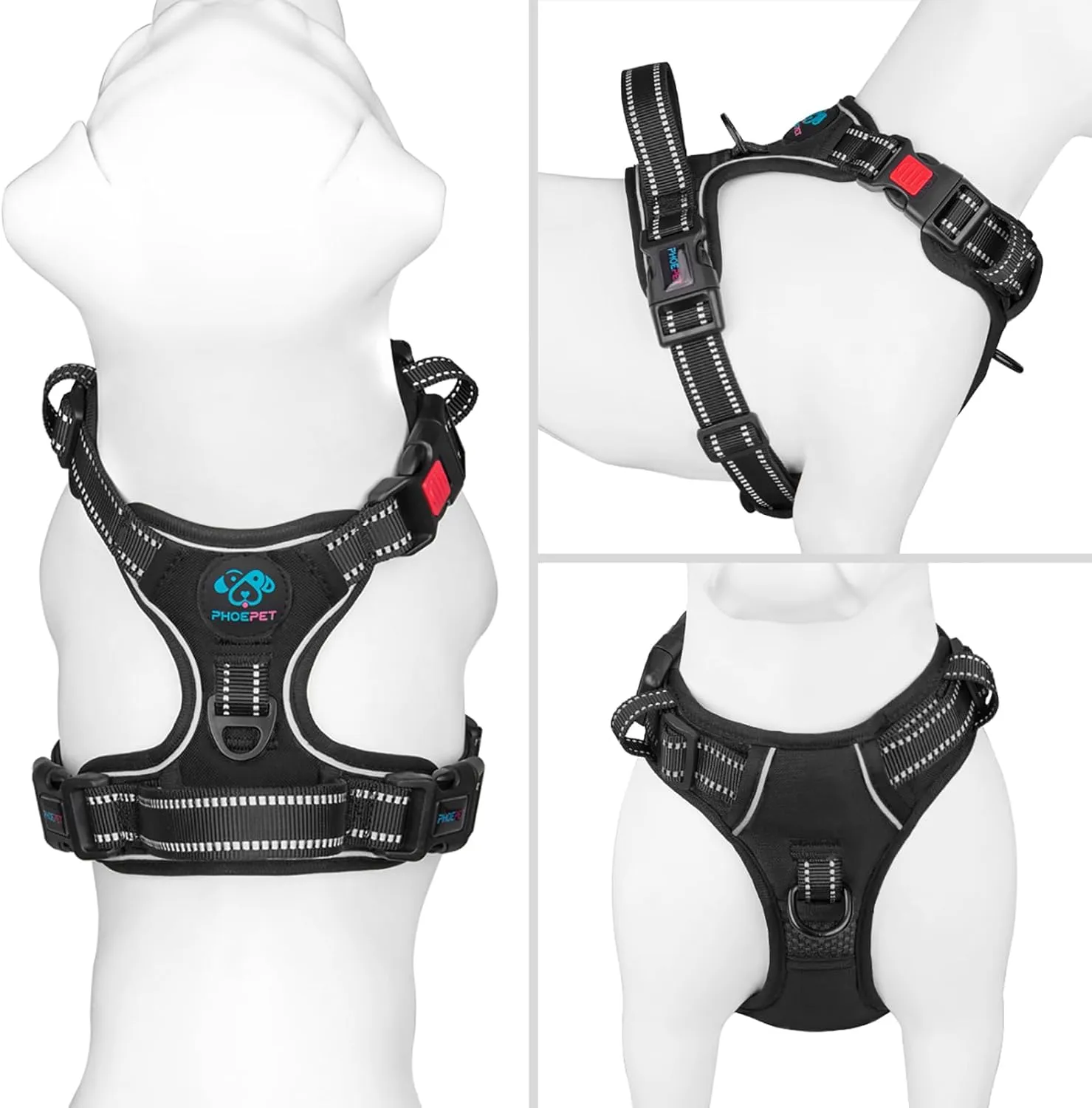 PHOEPET No Pull Dog Harnesses for Small Dogs Reflective Adjustable Front Clip Vest with Handle 2 Metal Rings 3 Buckles [Easy to Put on & Take Off] (S, Black)