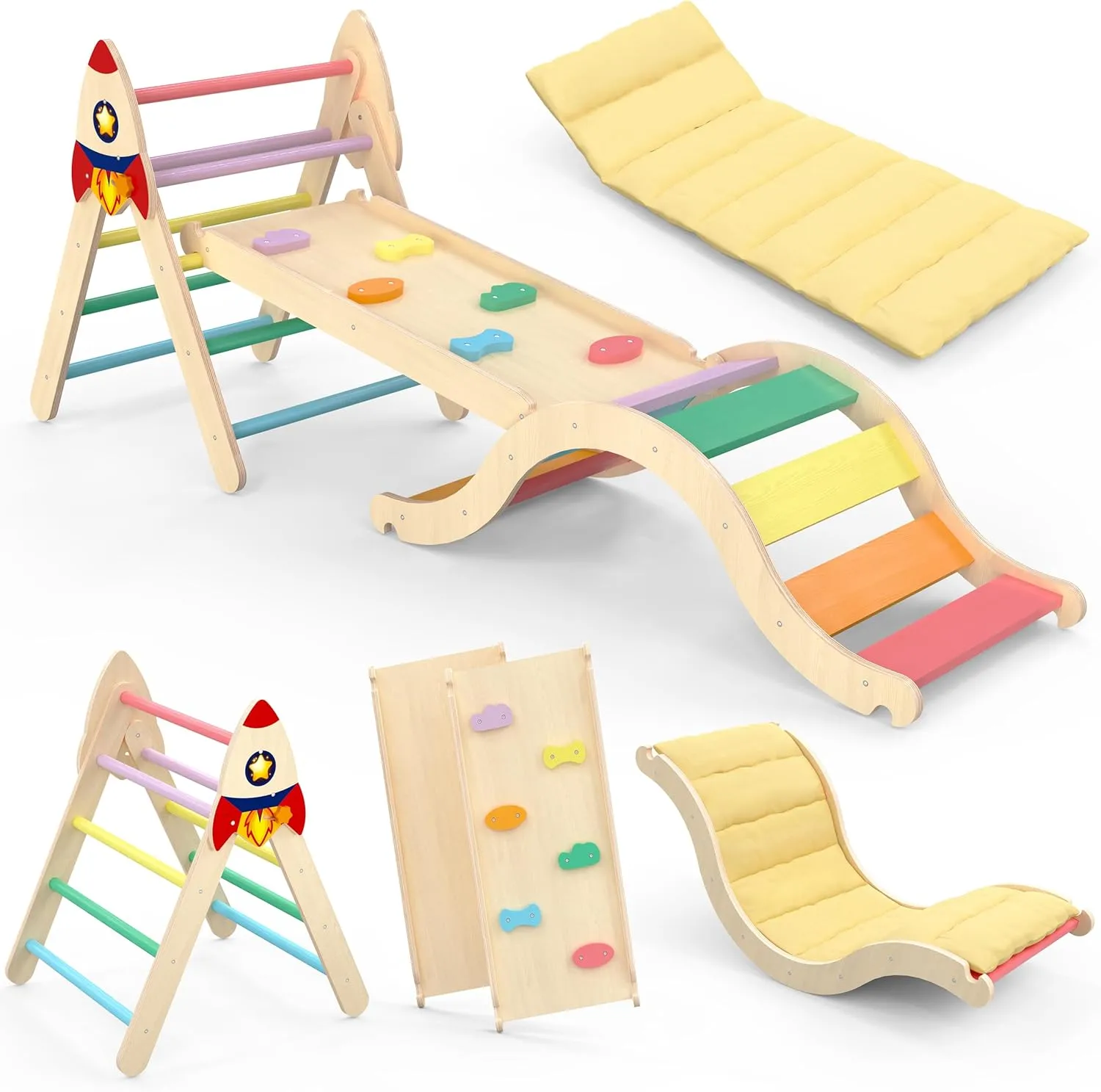 Pikler Triangle Set, Climbing Toys for Toddlers 1-3 with Cushion Inside, Foldable Baby Climbing Set, Wooden Kids Climbing Toys, Indoor Jungle Gym Playground, Gift for Boys and Girls