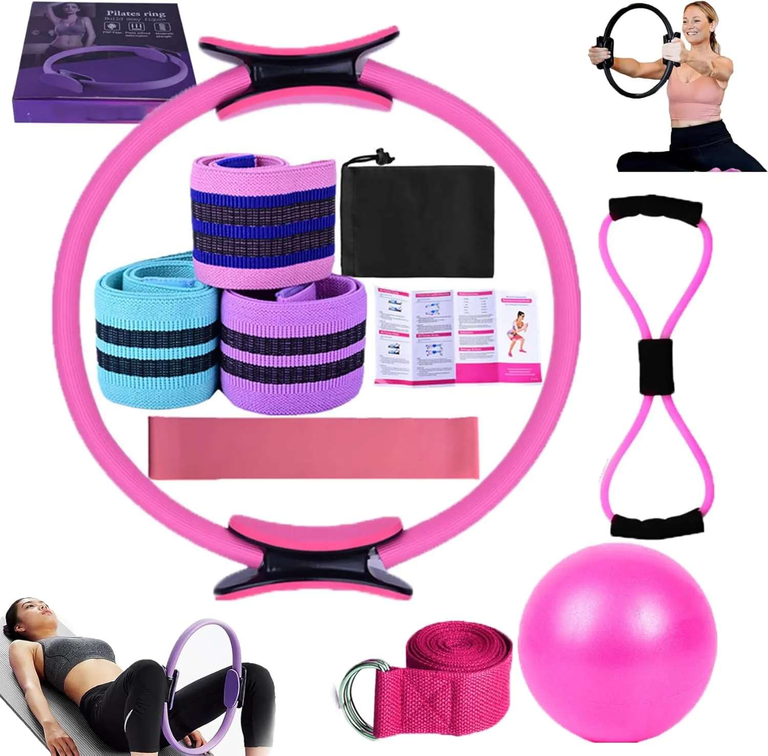 Pilates Essentials Kit for Women, Better Me Pilates Kit for Home Workouts, Pilates Rings Booty Bands for Working Out Glutes Yoga Ball 25cm Figure 8 Resistance Band Yoga Bands for Stretching