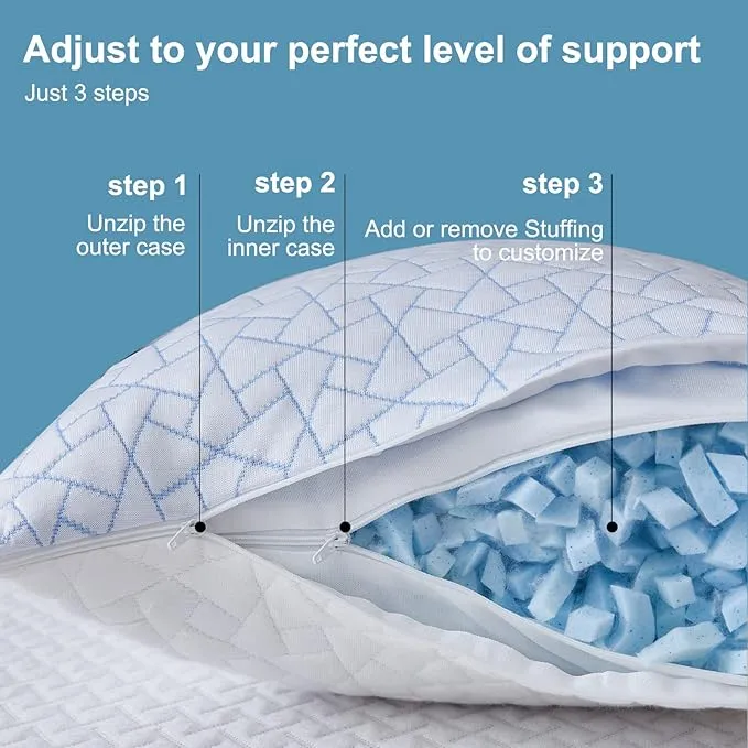 Pillows Queen Size Set of 2 - Adjustable Firm Shredded Memory Foam Pillows - Side Sleeper Bed Pillows for Adults with Washable Cover and Bonus Foam Fill