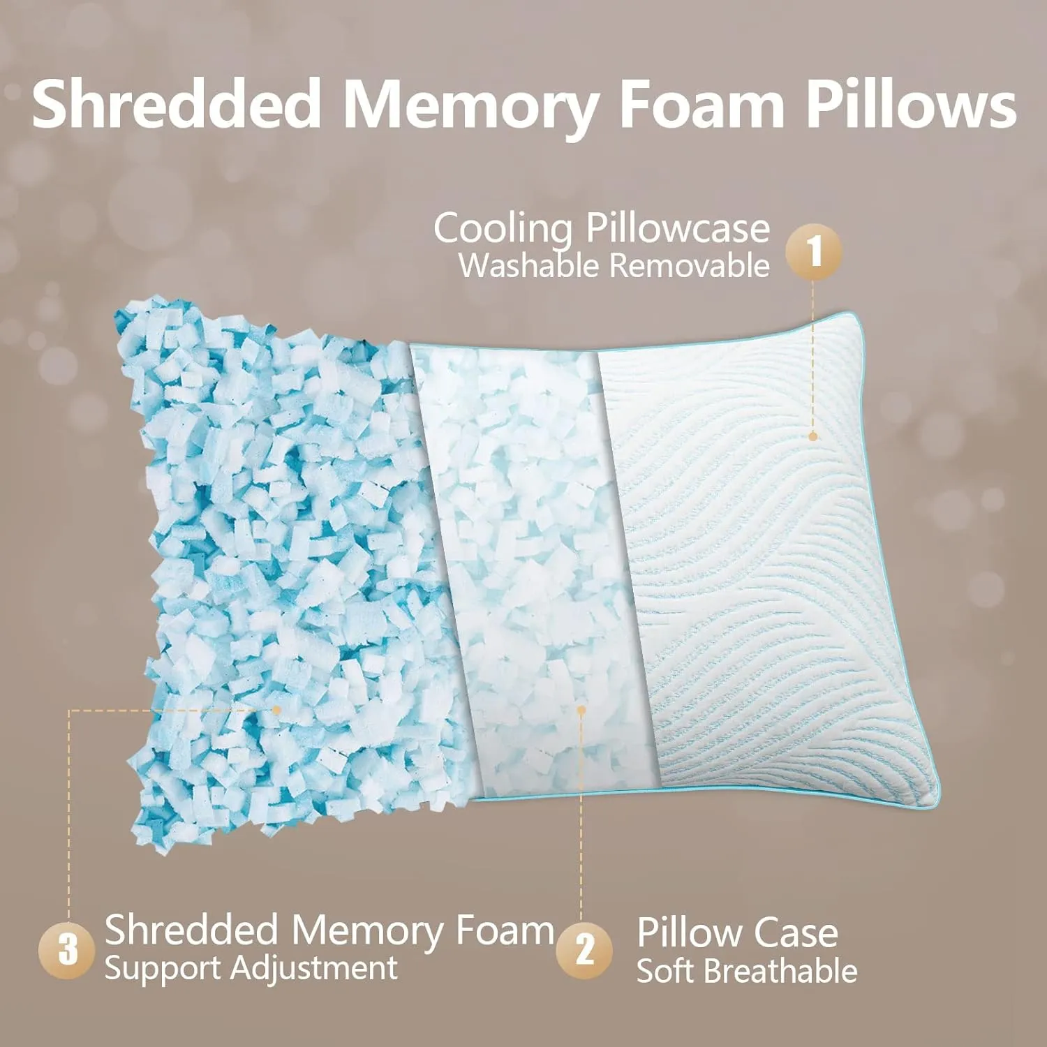 Pillows Queen Size Set of 2 Cooling Memory Foam Pillows for Sleeping Adjustable Medium Firm Back and Side Sleeper
