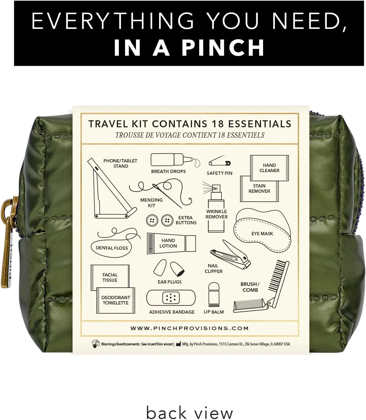Pinch Provisions Green Puffer Travel Kit, 18 Must-Have Travel Essentials, Ideal Road Trip or Airport Gift for Friends, Family & Peers, Portable Compact Zipper Pouch