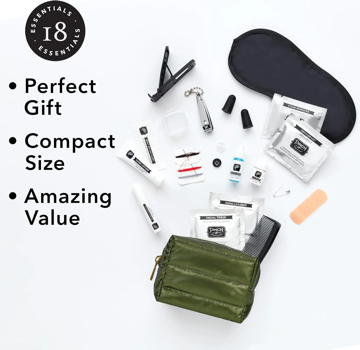 Pinch Provisions Green Puffer Travel Kit, 18 Must-Have Travel Essentials, Ideal Road Trip or Airport Gift for Friends, Family & Peers, Portable Compact Zipper Pouch