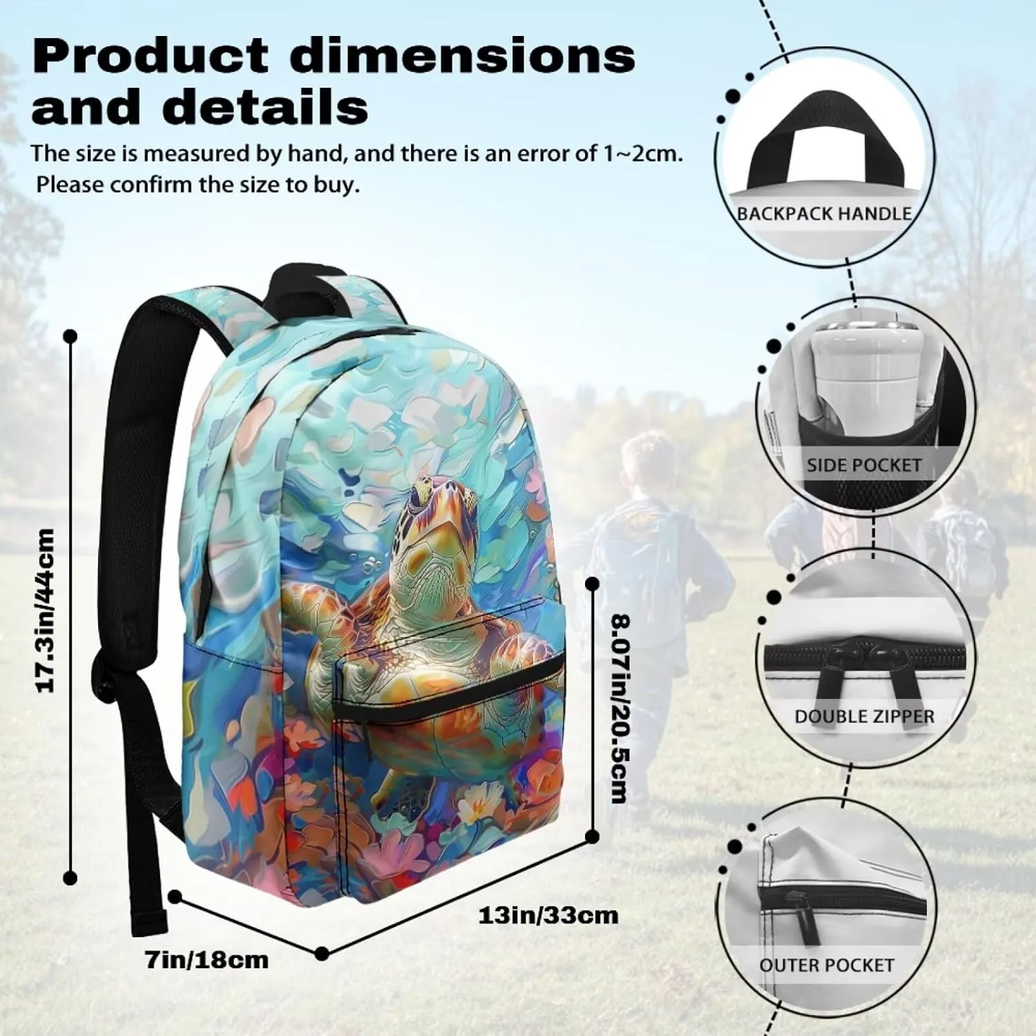 PinUp Angel Cool Turtle Print Funny Backpack 17 Inch Boys Girls Bookbag for Primary Middle School Backpacks Cute Animal Graphic School Bag