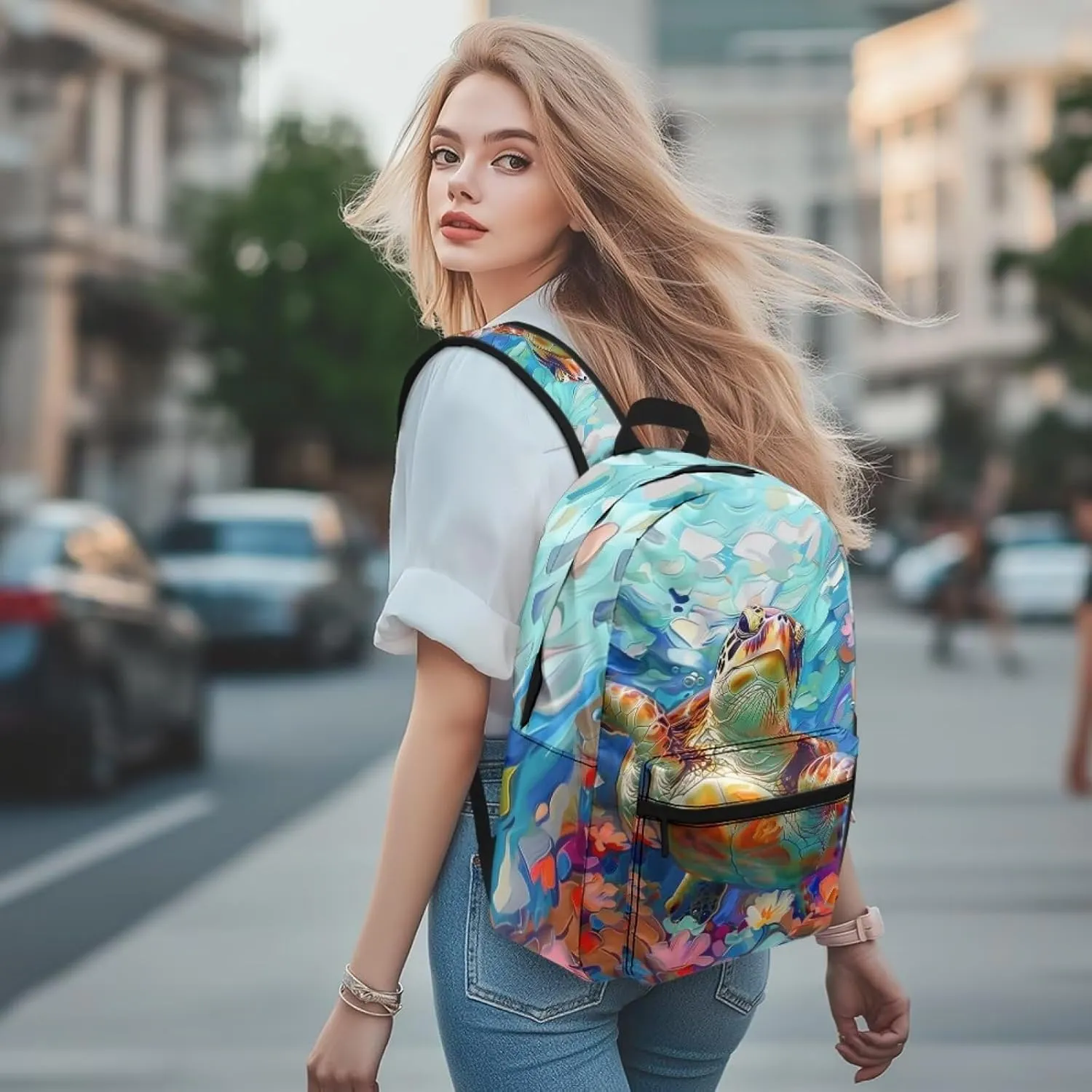 PinUp Angel Cool Turtle Print Funny Backpack 17 Inch Boys Girls Bookbag for Primary Middle School Backpacks Cute Animal Graphic School Bag