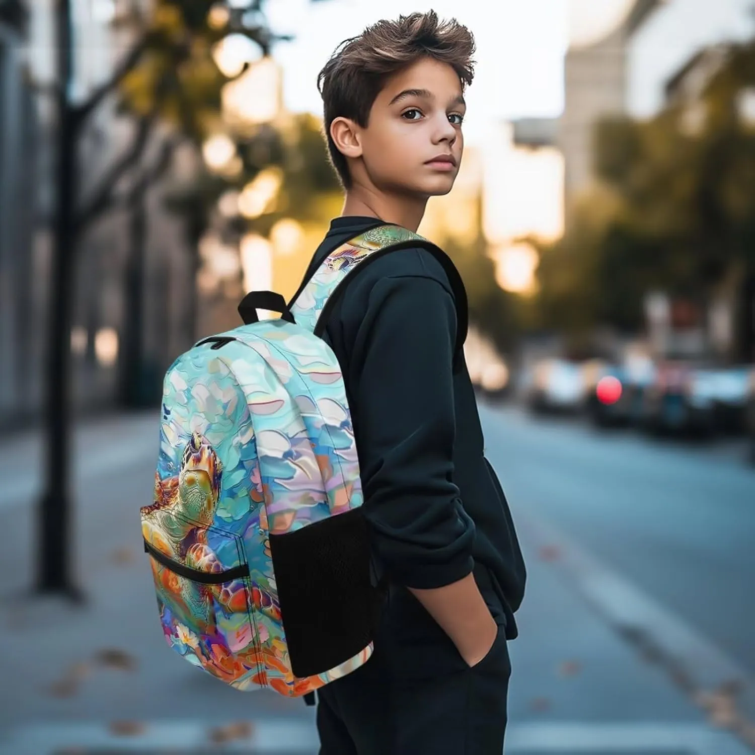 PinUp Angel Cool Turtle Print Funny Backpack 17 Inch Boys Girls Bookbag for Primary Middle School Backpacks Cute Animal Graphic School Bag