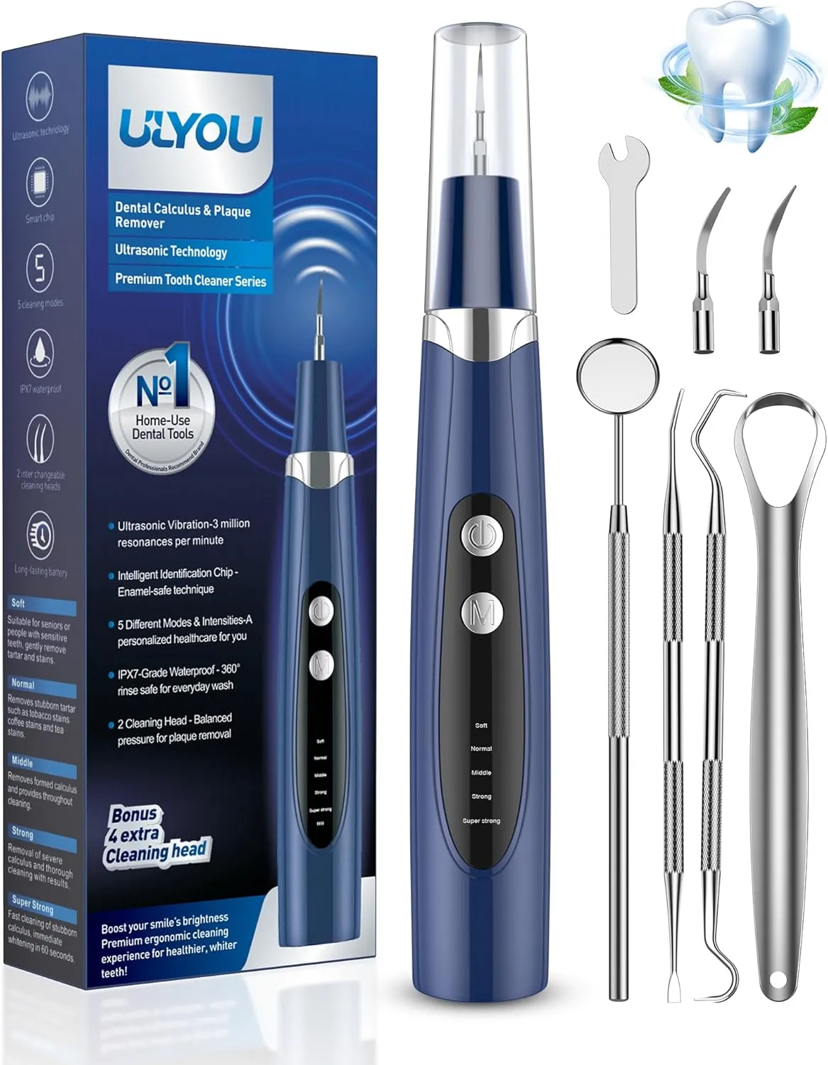 Plaque Remover for Teeth - Tartar Remover for Teeth with LED Light & 5 Modes, Rechargeable Hard Plaque Remover with 2 Replaceable Heads, Ultrasonic Teeth Cleaner Kit for Home Use