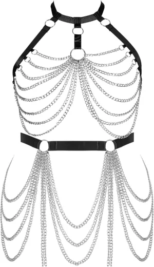 Plus Size Body Harness for Women Gothic Pentagram Full Cage Hollow Out 2 Piece Strappy Bra Garter Belts Set Punk Clothing