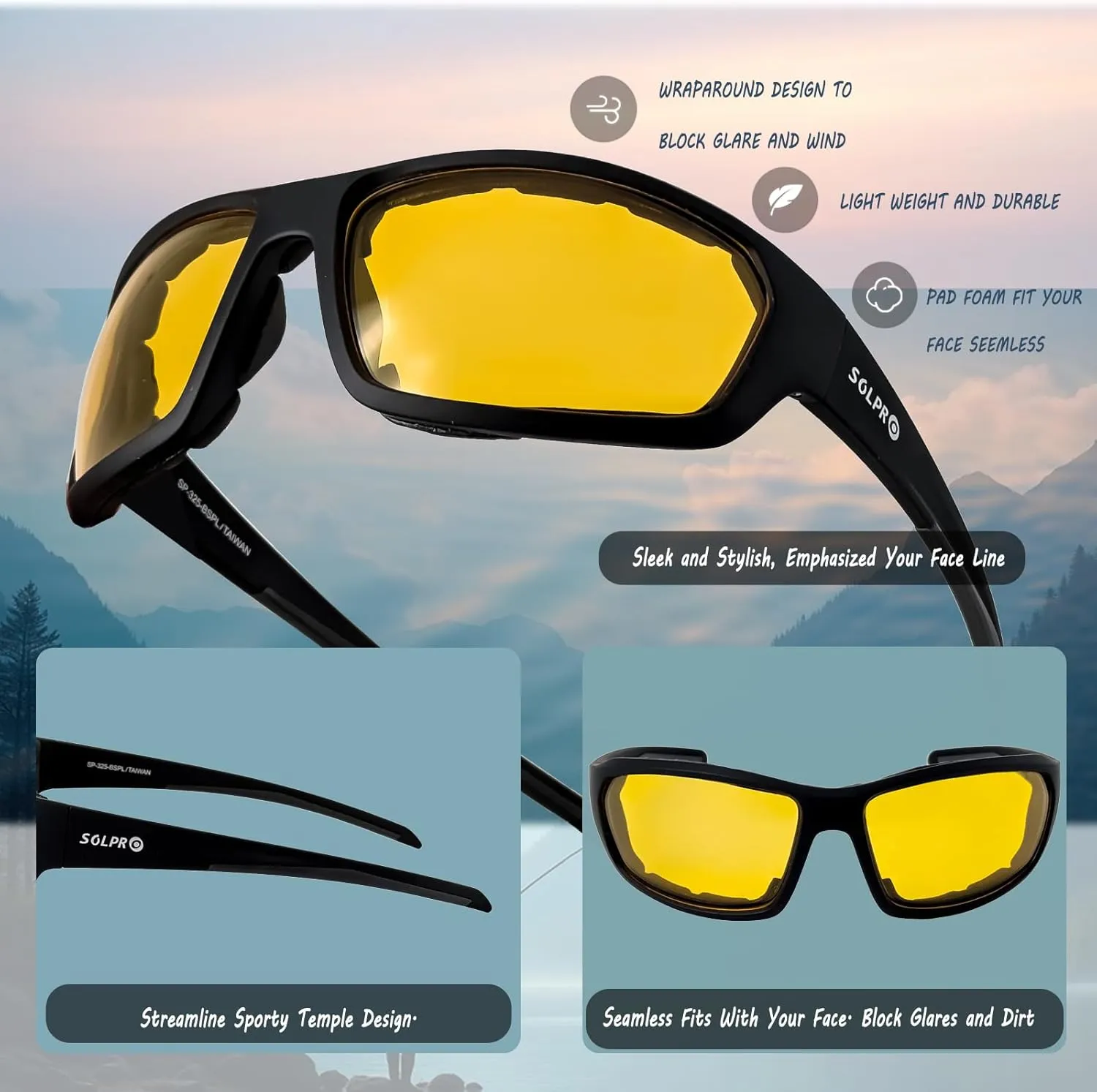 Polarized Motorcycle Riding Glasses UV Protection Foam Padded, Fishing, Golfing, Hiking, Fit Men Women