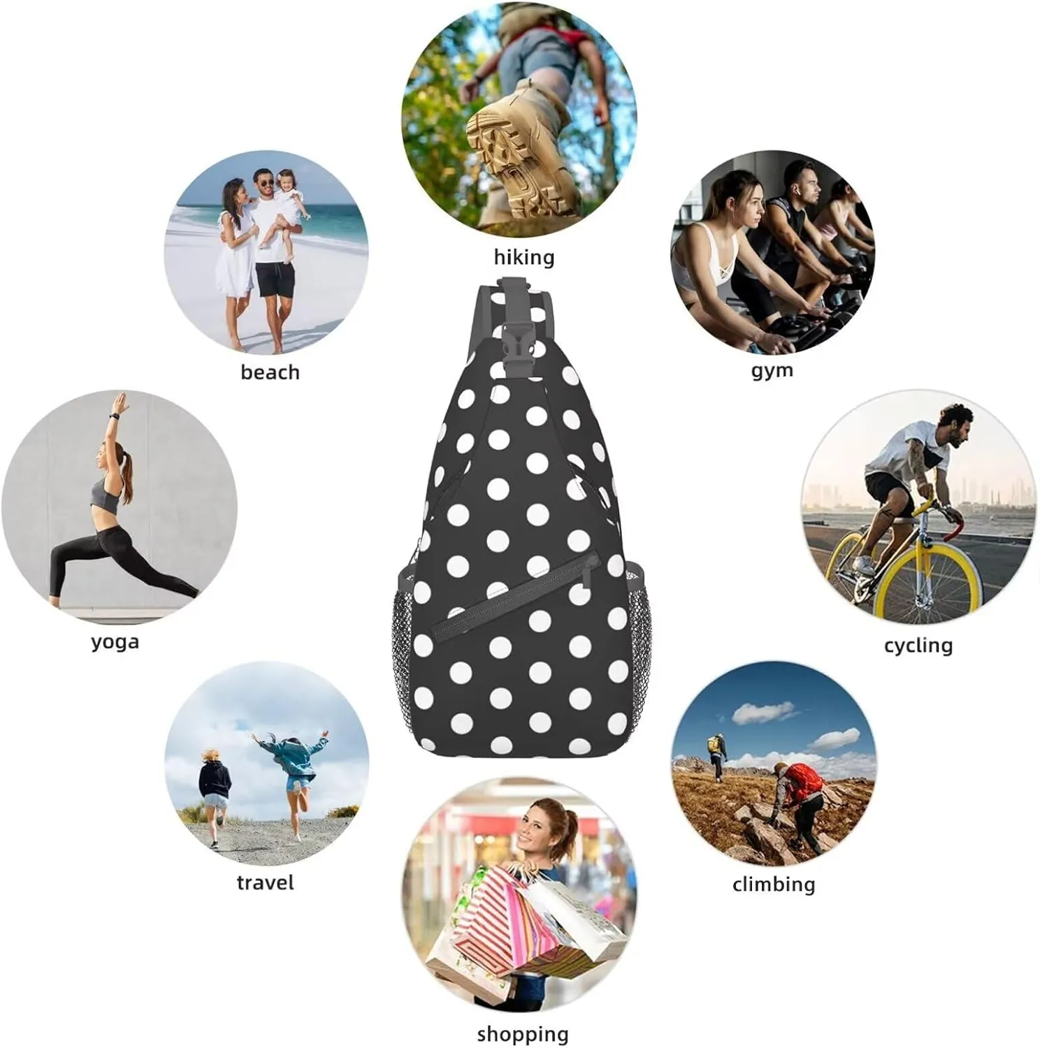 Polka Dot Crossbody Sling Bags for Women Men Abstract White Small Circle Dot on Black Background Travel Sling Backpack Casual Shoulder Bag Dice Design Dot Pattern Gym Sports Hiking Daypack