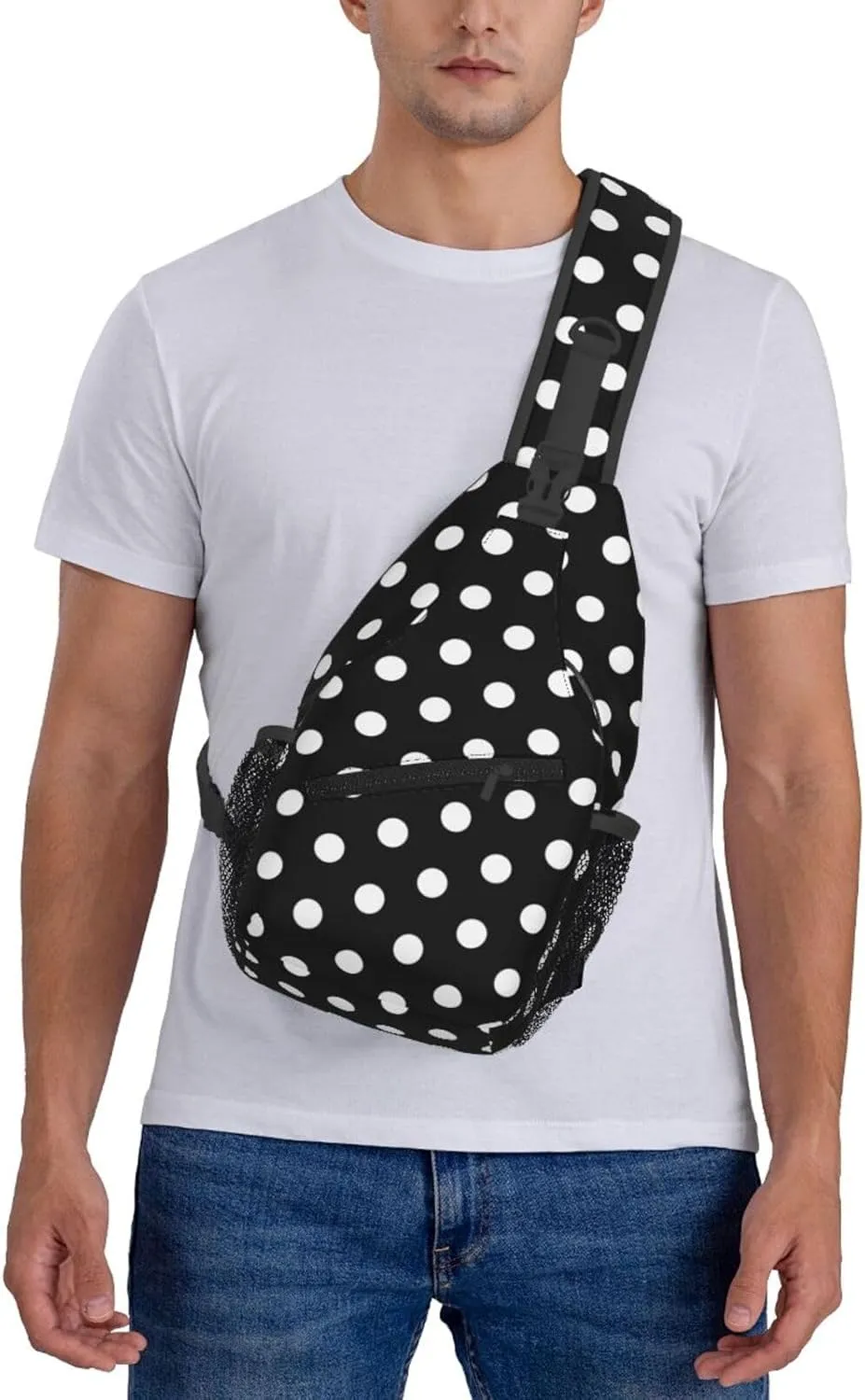 Polka Dot Crossbody Sling Bags for Women Men Abstract White Small Circle Dot on Black Background Travel Sling Backpack Casual Shoulder Bag Dice Design Dot Pattern Gym Sports Hiking Daypack