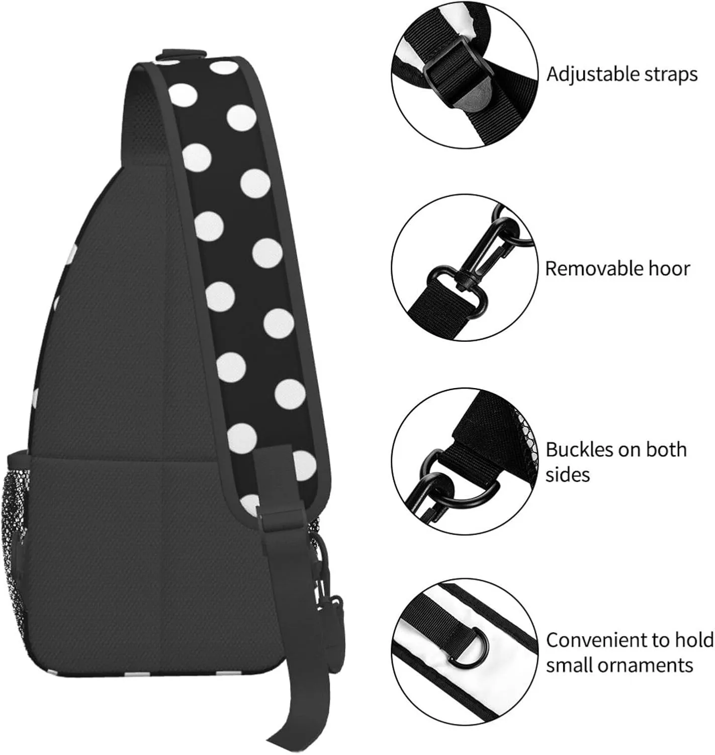 Polka Dot Crossbody Sling Bags for Women Men Abstract White Small Circle Dot on Black Background Travel Sling Backpack Casual Shoulder Bag Dice Design Dot Pattern Gym Sports Hiking Daypack