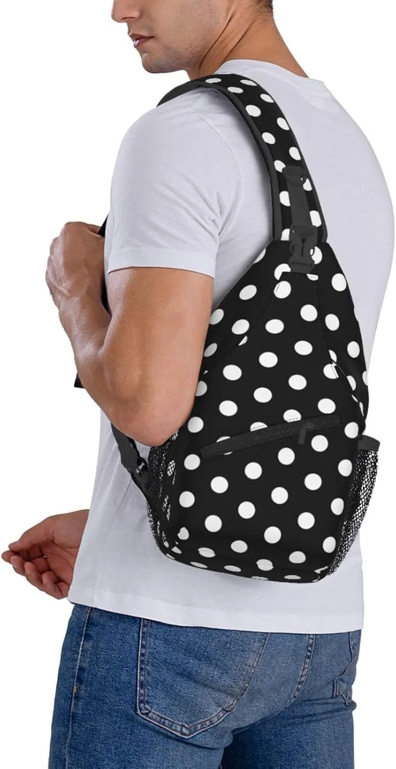 Polka Dot Crossbody Sling Bags for Women Men Abstract White Small Circle Dot on Black Background Travel Sling Backpack Casual Shoulder Bag Dice Design Dot Pattern Gym Sports Hiking Daypack