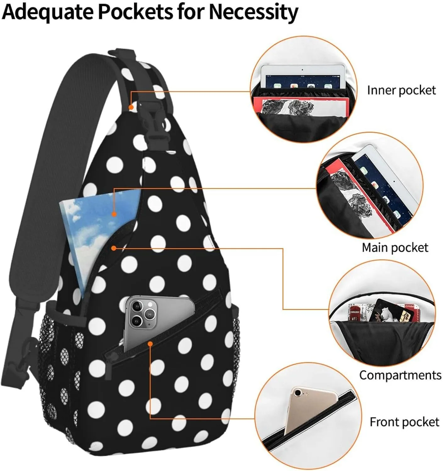 Polka Dot Crossbody Sling Bags for Women Men Abstract White Small Circle Dot on Black Background Travel Sling Backpack Casual Shoulder Bag Dice Design Dot Pattern Gym Sports Hiking Daypack