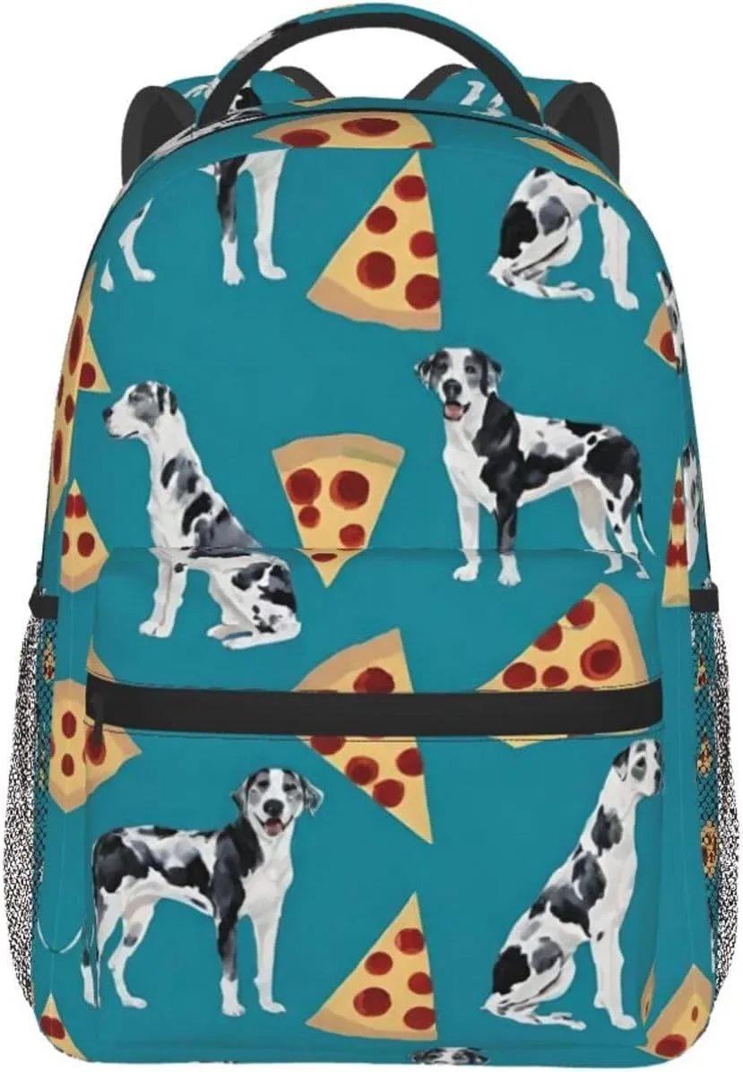 Polyester Daypack for Hiking Work Running - Big Capacity Anti-Theft Multipurpose Shoulder Bag, Great Dane Dog Pizza Art Travel and Sport Backpack Rucksack