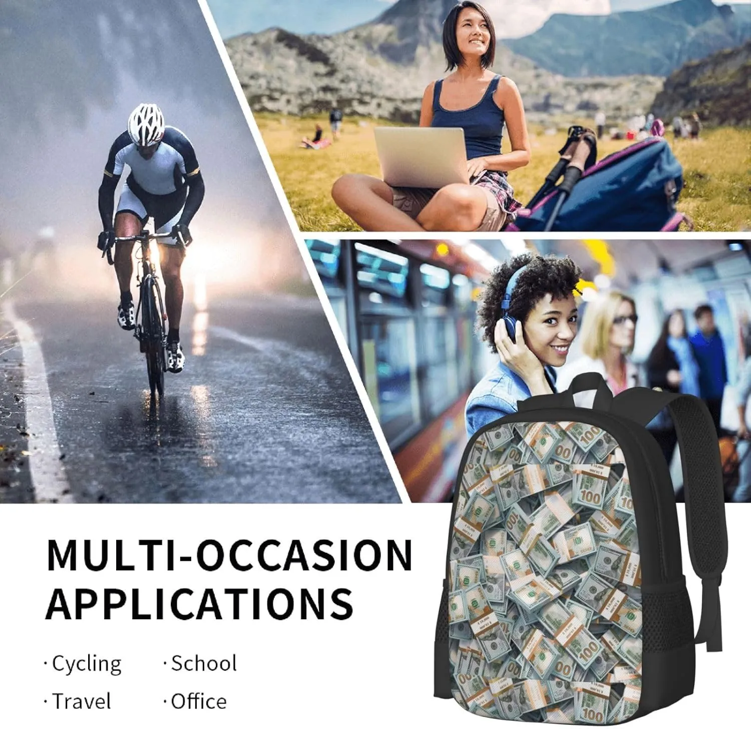 Polyester Rucksack for Money American Bill Dollar Traveling & Camping Backpack - Large Capacity Multipurpose Anti-Theft Bookbag for Men Women