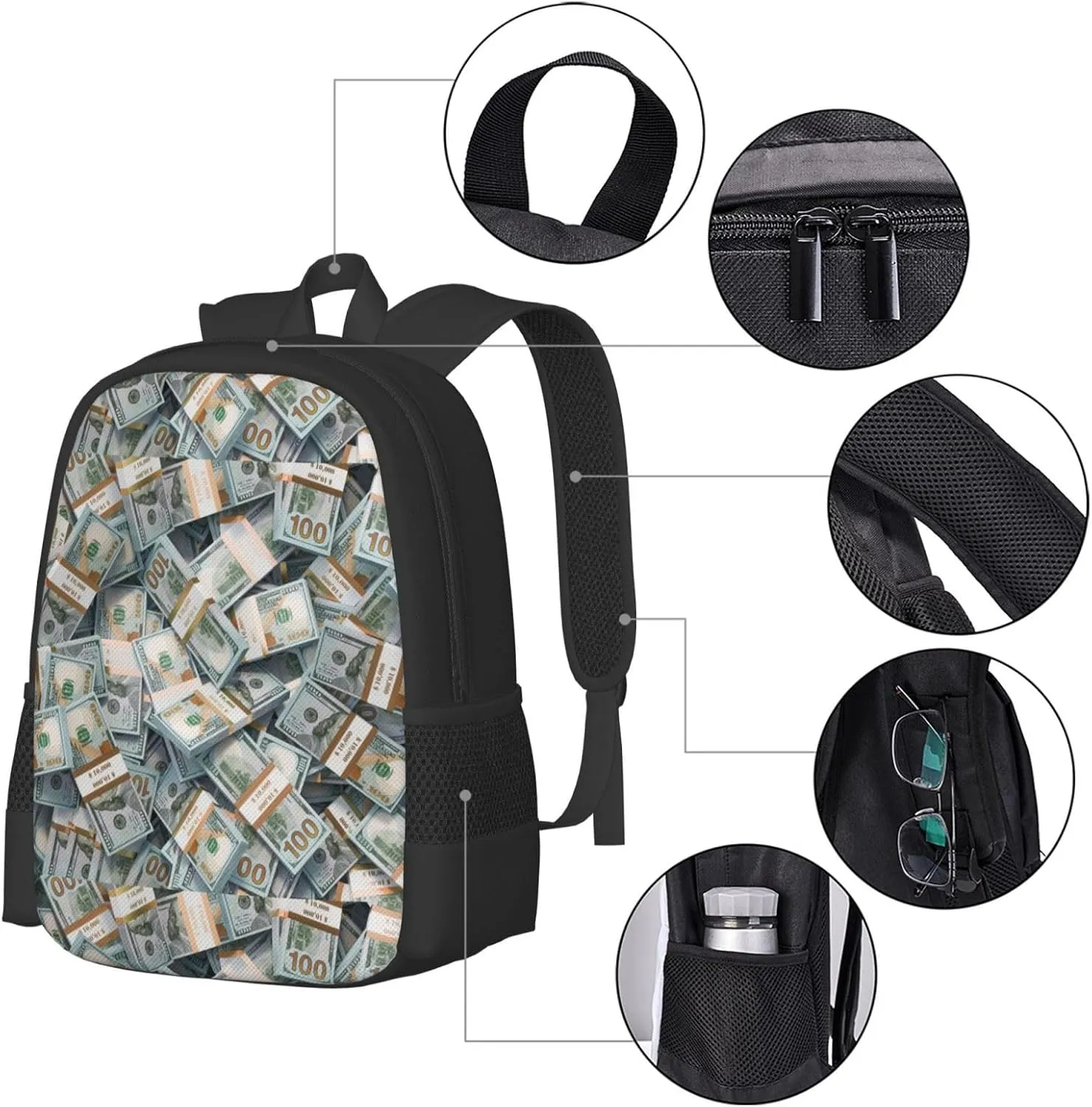 Polyester Rucksack for Money American Bill Dollar Traveling & Camping Backpack - Large Capacity Multipurpose Anti-Theft Bookbag for Men Women