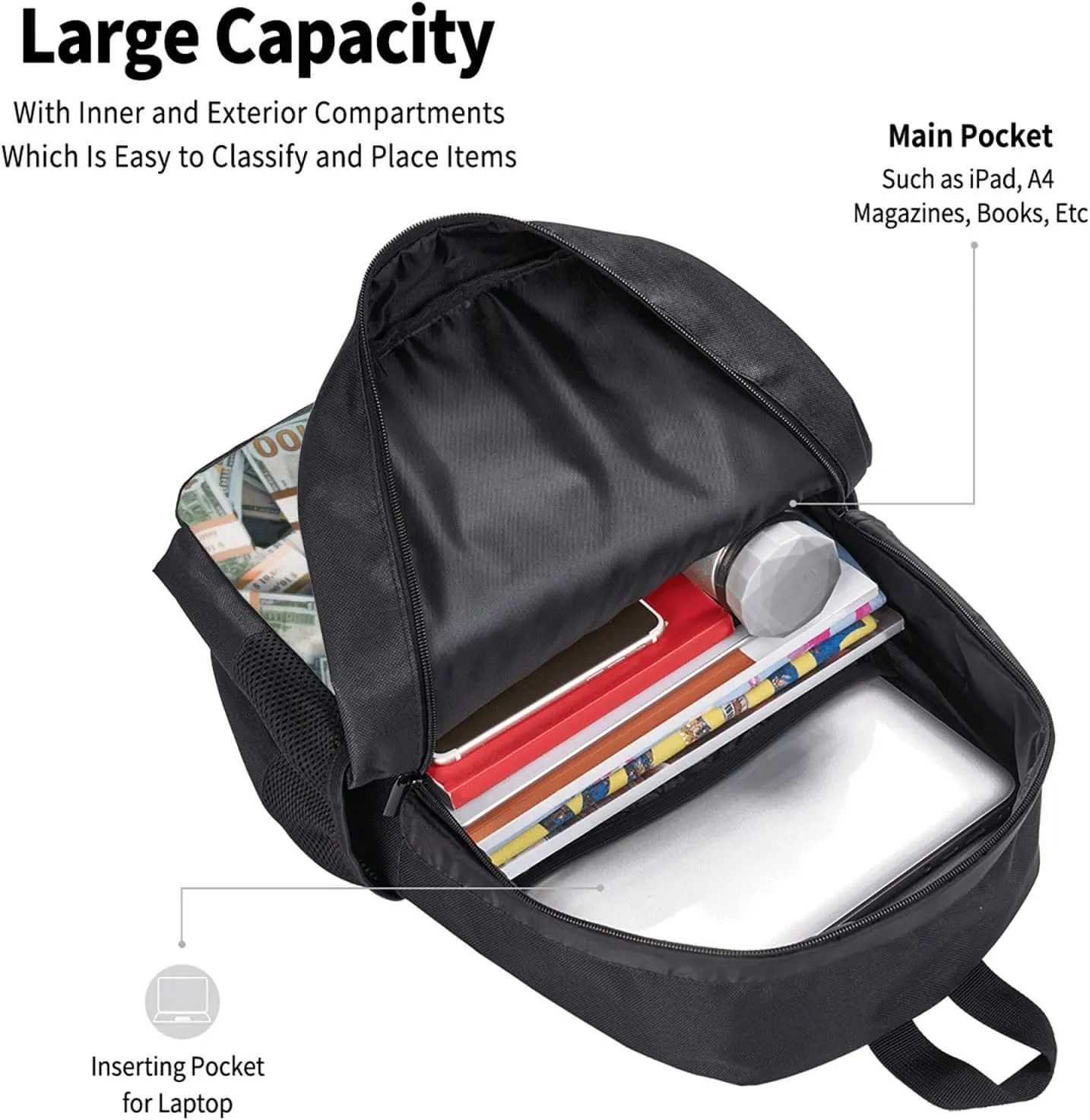 Polyester Rucksack for Money American Bill Dollar Traveling & Camping Backpack - Large Capacity Multipurpose Anti-Theft Bookbag for Men Women