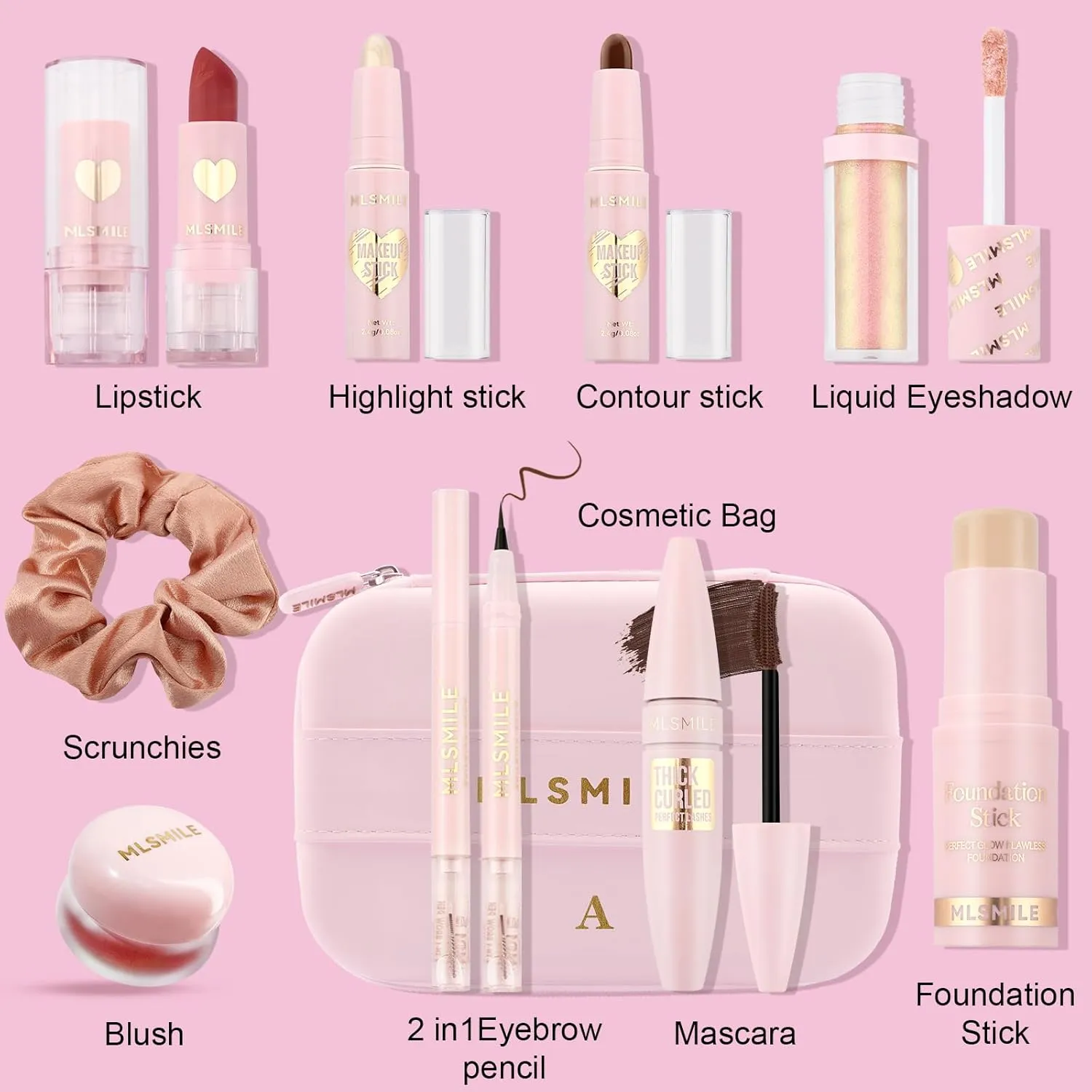Ponhey All in One Makeup Kit for Women Full Kit, Makeup Gift Set for Beginners. Makeup Kit With Liquid Eyeshadow Lipstick Blush Mascara Eyebrow pencil Pink Cosmetic Bag