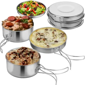 Portable Camping Cooking Set – 4 Pieces of Stainless Steel Pots and Frying Pan with Plate, Stackable, with Storage Bag for Outdoor Cooking