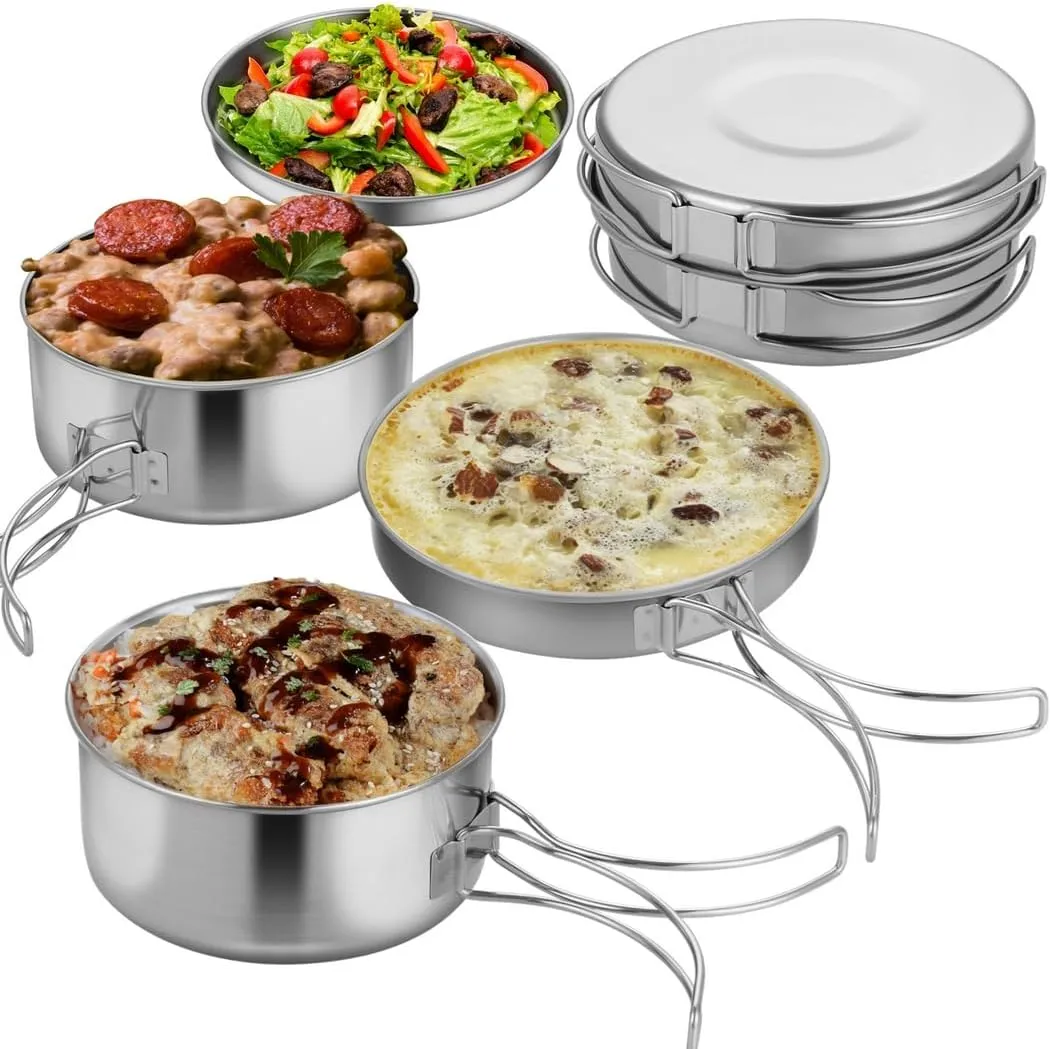 Portable Camping Cooking Set – 4 Pieces of Stainless Steel Pots and Frying Pan with Plate, Stackable, with Storage Bag for Outdoor Cooking