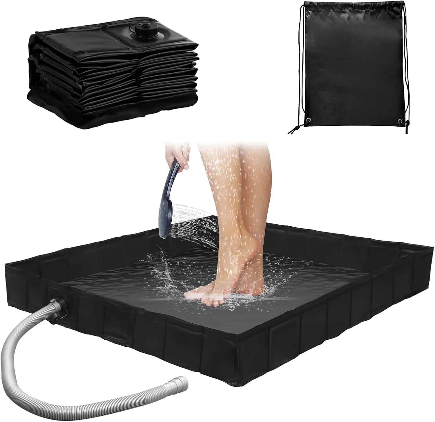 Portable Shower Base, Foldable Camping Shower Pan with Drain and Clamp to Keep Feet Clean Shower Basin Floor for Camping Showe, Beach, RV, Pte Bath Indoor Outdoor, 41" x 41" x 5"
