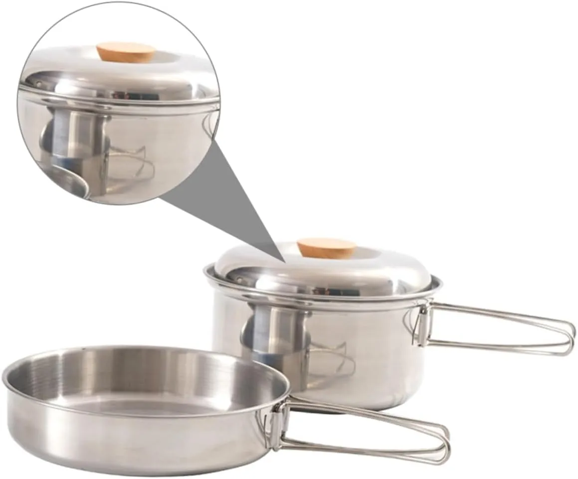Portable Stainless Steel Soup Pot Set Folding Handle Pan Camping Cookware