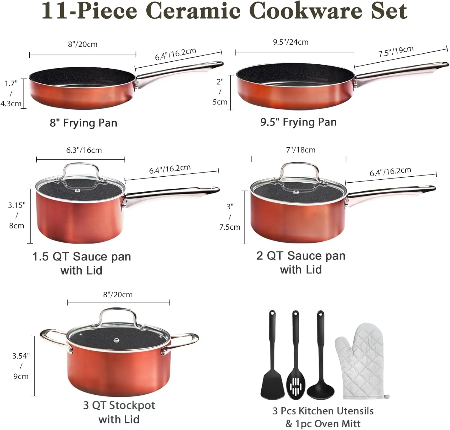 Pots and Pans Set Non Stick, 11pcs Ceramic Cookware Set, Non Toxic Induction Cookware, Kitchen Cooking Set w/Fry Pans, Saucepans, Oven Safe, Copper