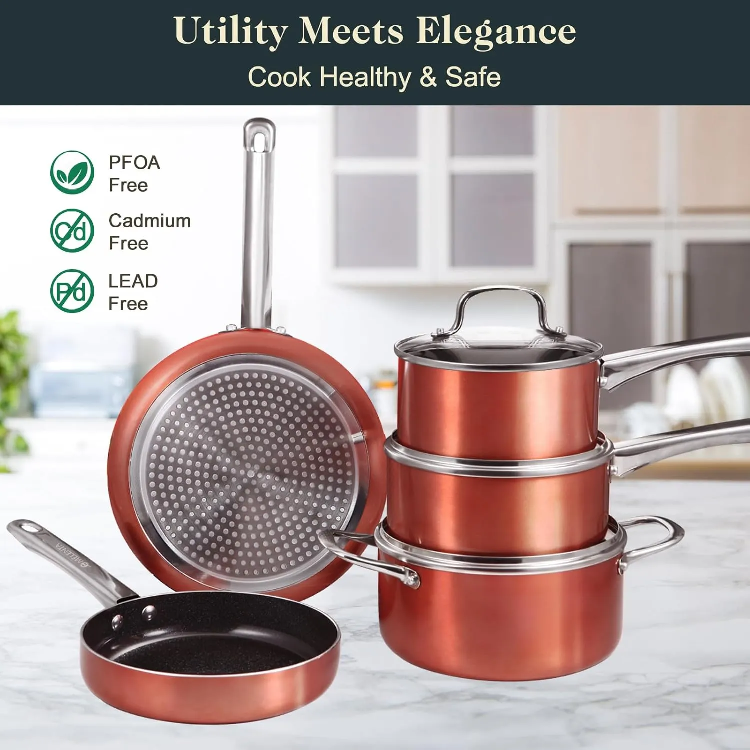 Pots and Pans Set Non Stick, 11pcs Ceramic Cookware Set, Non Toxic Induction Cookware, Kitchen Cooking Set w/Fry Pans, Saucepans, Oven Safe, Copper