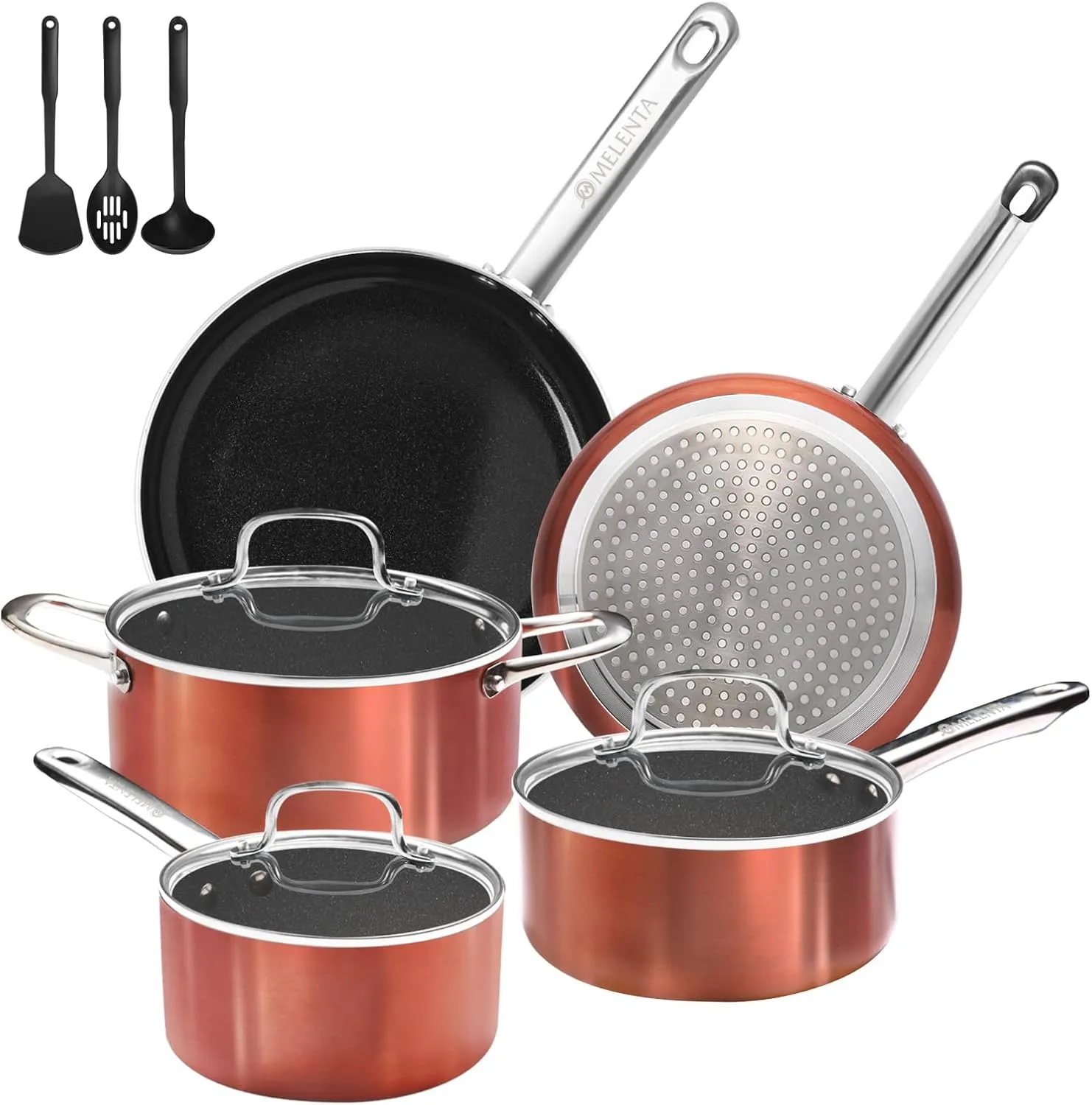 Pots and Pans Set Non Stick, 11pcs Ceramic Cookware Set, Non Toxic Induction Cookware, Kitchen Cooking Set w/Fry Pans, Saucepans, Oven Safe, Copper
