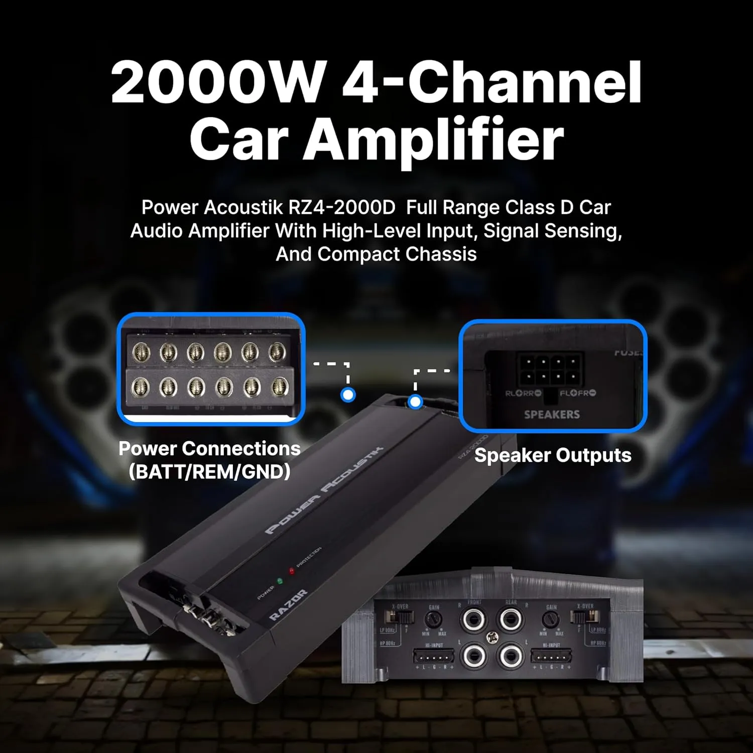 Power Acoustik RZ4-2000D 2000W Class D 4 Channel Amplifier , Black , 13.60in. x 6.30in. x 3.50in.
