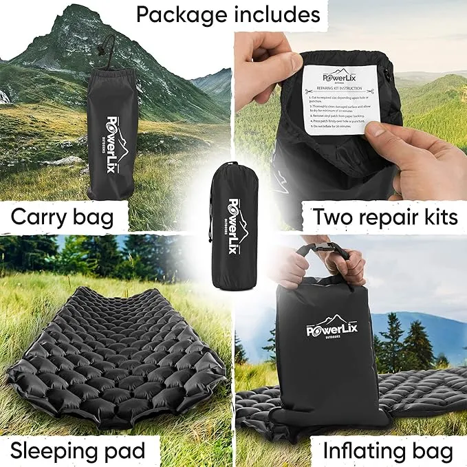 POWERLIX Sleeping Pad – Ultralight Inflatable Sleeping Mat, Ultimate for Camping, Backpacking, Hiking – Airpad, Inflating Bag, Carry Bag, Repair Kit – Compact & Lightweight Air Mattress (Black)
