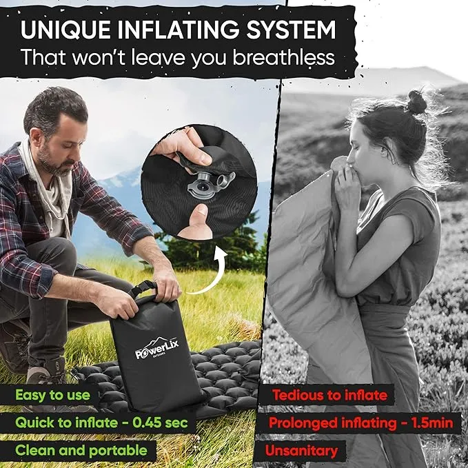 POWERLIX Sleeping Pad – Ultralight Inflatable Sleeping Mat, Ultimate for Camping, Backpacking, Hiking – Airpad, Inflating Bag, Carry Bag, Repair Kit – Compact & Lightweight Air Mattress (Black)