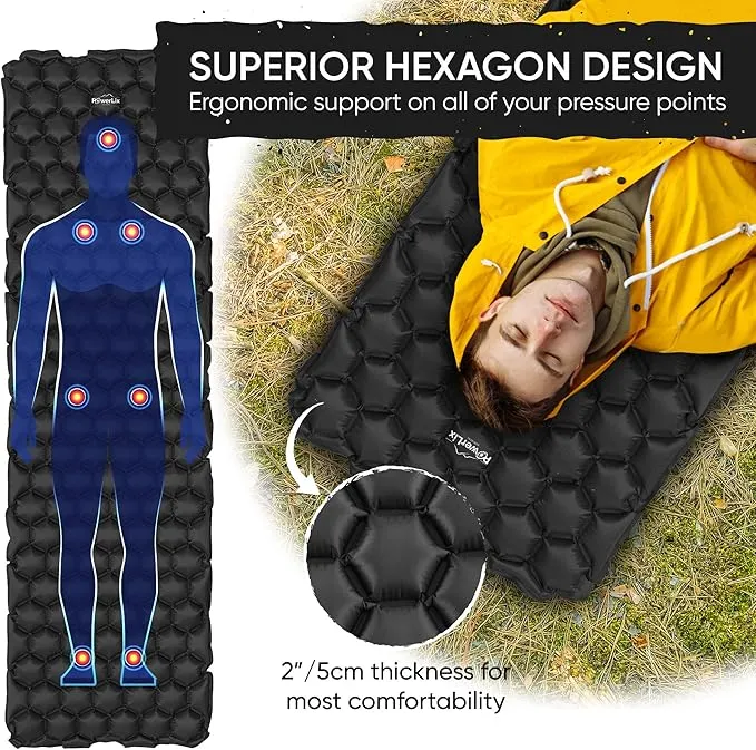 POWERLIX Sleeping Pad – Ultralight Inflatable Sleeping Mat, Ultimate for Camping, Backpacking, Hiking – Airpad, Inflating Bag, Carry Bag, Repair Kit – Compact & Lightweight Air Mattress (Black)