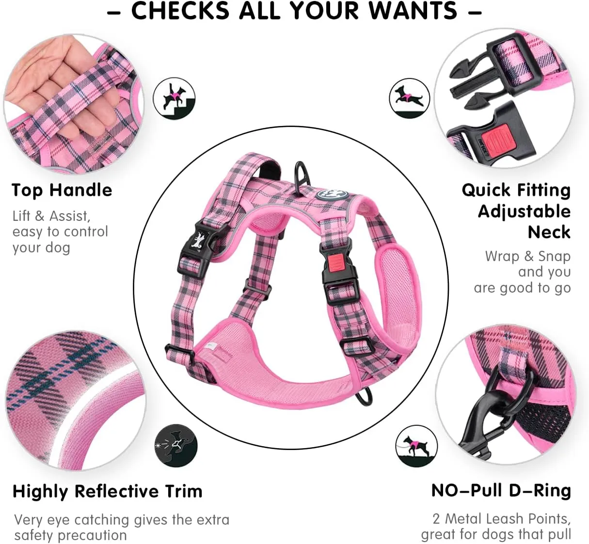 PoyPet No Pull Dog Harness, [Release at Neck] Reflective Adjustable No Choke Pet Vest with Front & Back 2 Leash Attachments, Soft Control Training Handle for Small Dogs(Checkered Pink,XS)