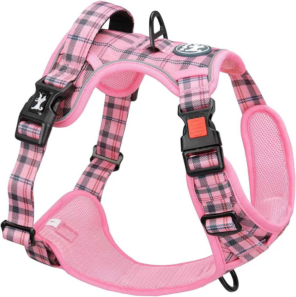 PoyPet No Pull Dog Harness, [Release at Neck] Reflective Adjustable No Choke Pet Vest with Front & Back 2 Leash Attachments, Soft Control Training Handle for Small Dogs(Checkered Pink,XS)