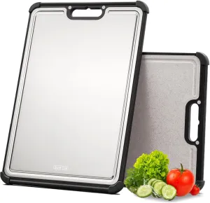 Premium 316 Stainless Steel Cutting Board for Kitchen Extra Large 16.9" x 11.8" Best Non-Toxic Chopping Board for Meat Food-Grade Metal & Eco-Friendly Wheat Straw Dual-Sided Healthy Kitchen Essential