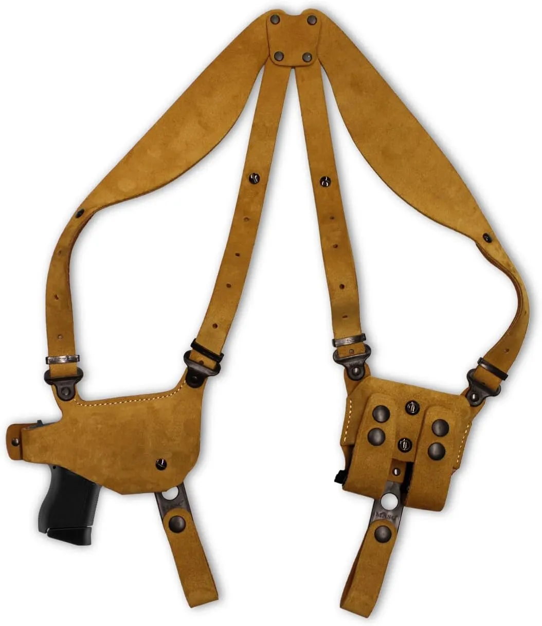 Premium Suede Leather Shoulder Holster System with Double Magazine Carrier Fits Springfieldd 1911 EMP 9MM 3" BBL, Right-Hand Draw, Brown Color #1504#
