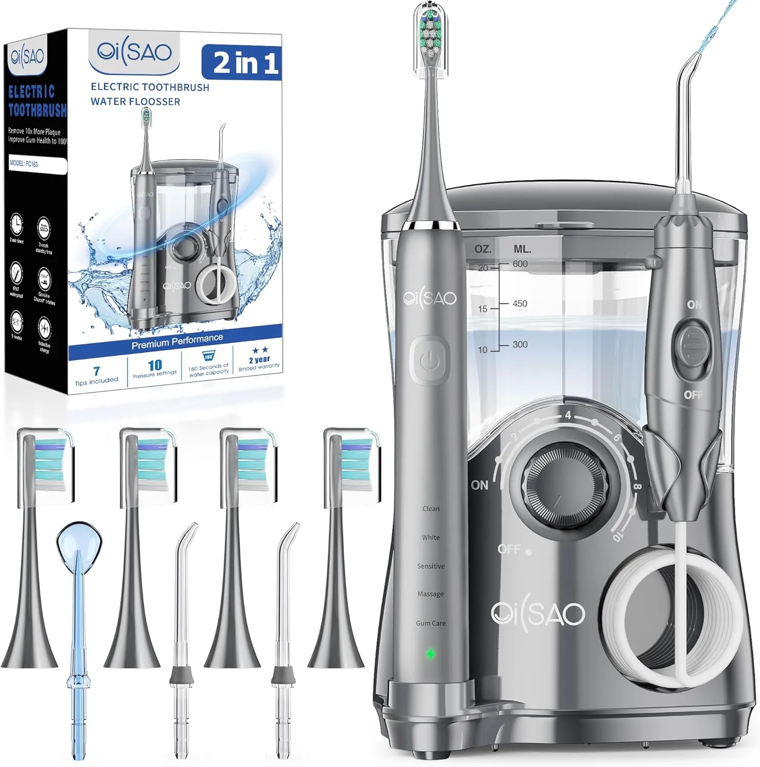 Professional Electric Toothbrush with Water Flosser, 600ML Water Dental flosser Ultrasonic Toothbrush Combo, Brushing & Flossing- for Teeth Cleaning and Gum Health with Extra Tips for Multiple Users