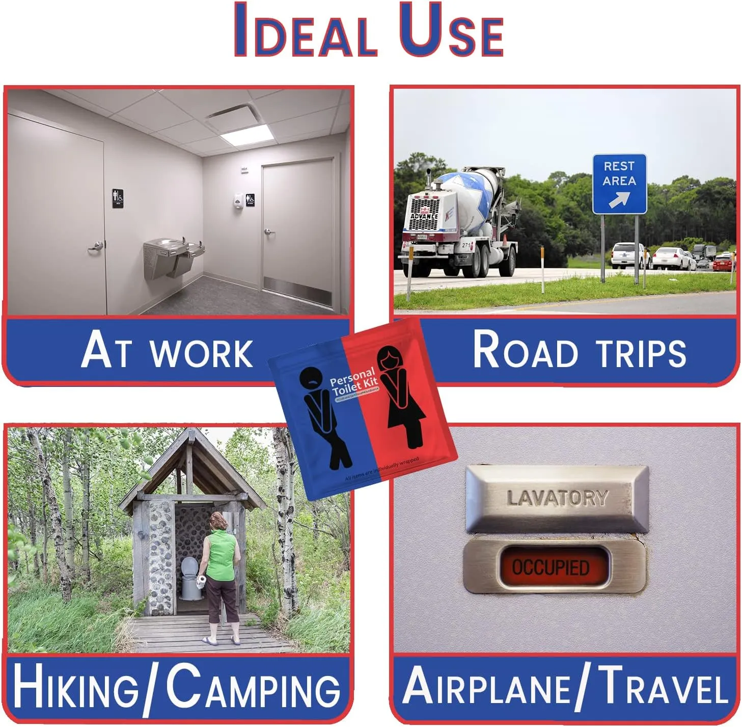 Public Restroom Kit: Pack of On-The-Go Bathroom Kits with Toilet Paper for Travel - Public Toilet Survival Kit Including Gloves, Wipes, Seat Covers in Zip Top Bag