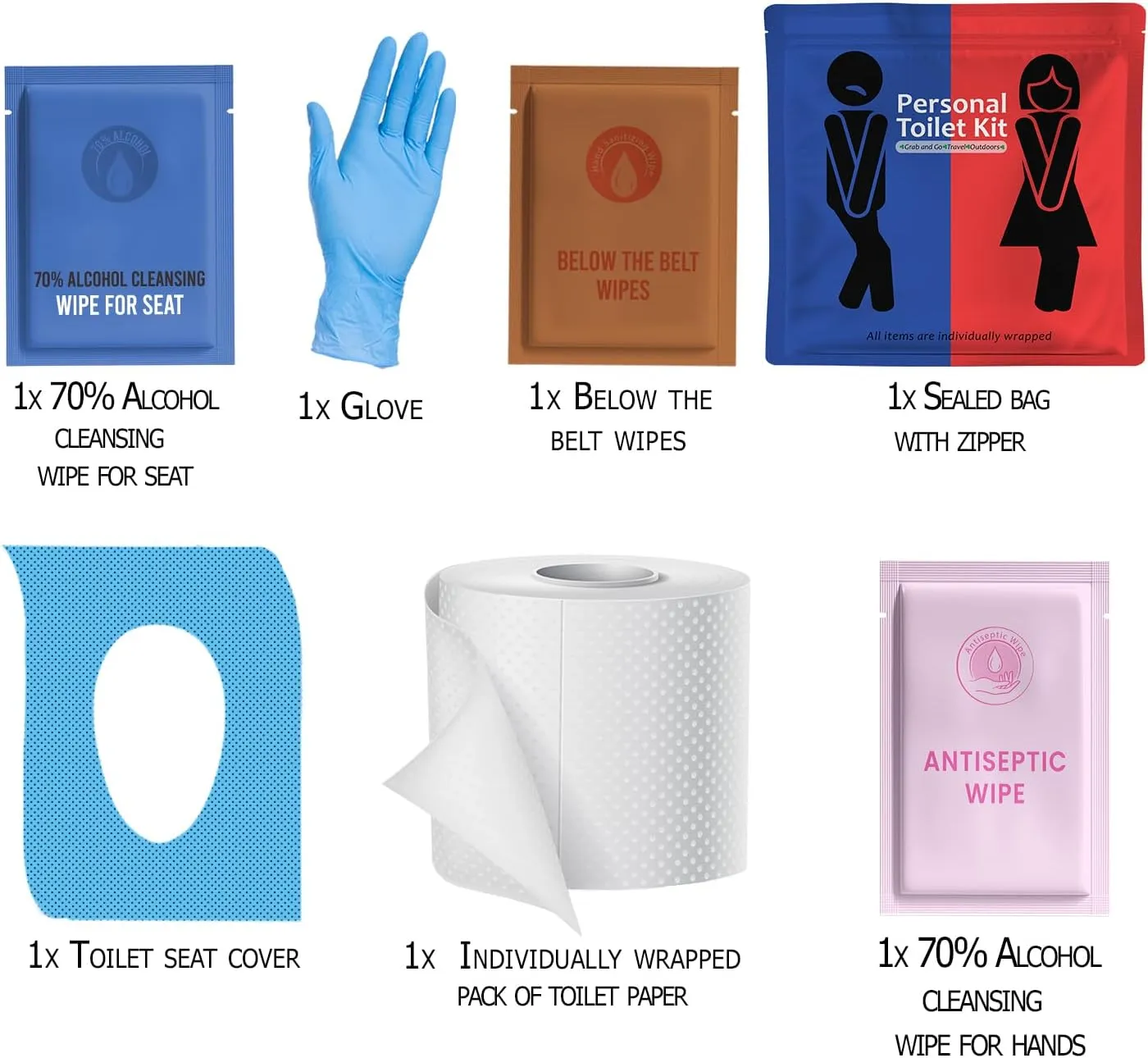 Public Restroom Kit: Pack of On-The-Go Bathroom Kits with Toilet Paper for Travel - Public Toilet Survival Kit Including Gloves, Wipes, Seat Covers in Zip Top Bag